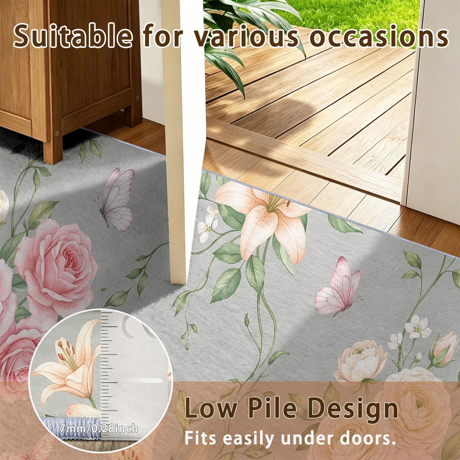Natur Kurzflor Teppich | 80 x 150 cm Floral Schmetterlinge Blätter Maschinenwäsche Pflegeleicht strapazierfähig， für Kinderzimmer, Schlafzimmer Wohnzimmer