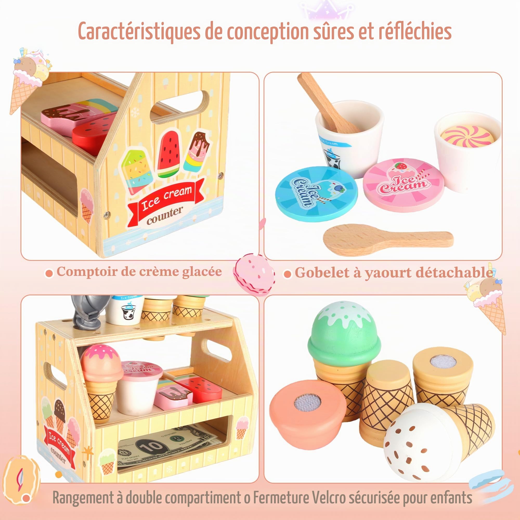 Glacier en Bois pour Enfant avec Comptoir de Glace, Jouet à Crème Glacée Marchande Enfants, Glaciere Jouet de Cuisine Montessori, Jouet en Bois Éducatif pour Jeu de Rôle à Partir de 3 Ans