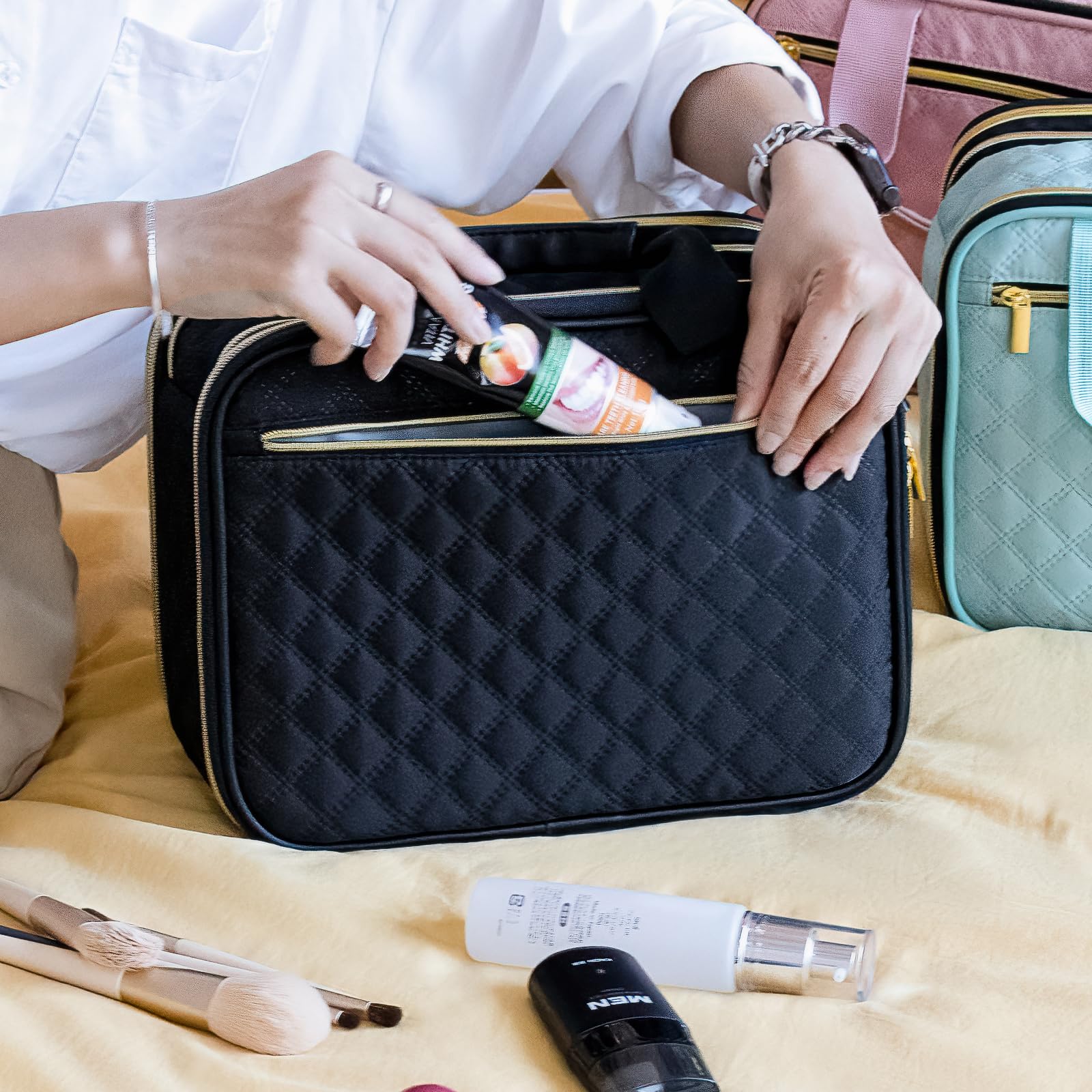 Borsa cosmetica da viaggio a scacchi con scomparti per gioielli, articoli da toeletta, cosmetici