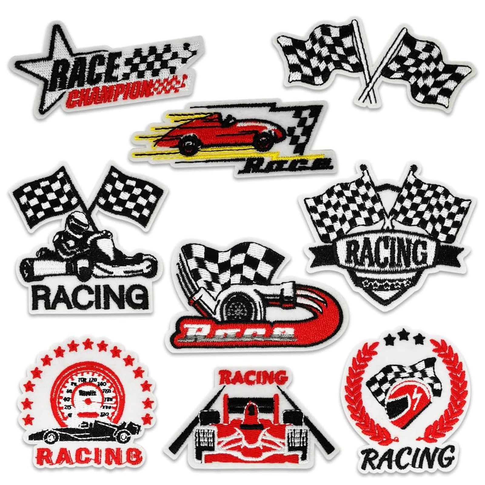 Cesujowaz 9PCS Racing Embroidered Iron-On/Sew-On Patches Themed Appliques for Clothes, Bags, Jeans, Hats | Race Car DIY Decor Patches
