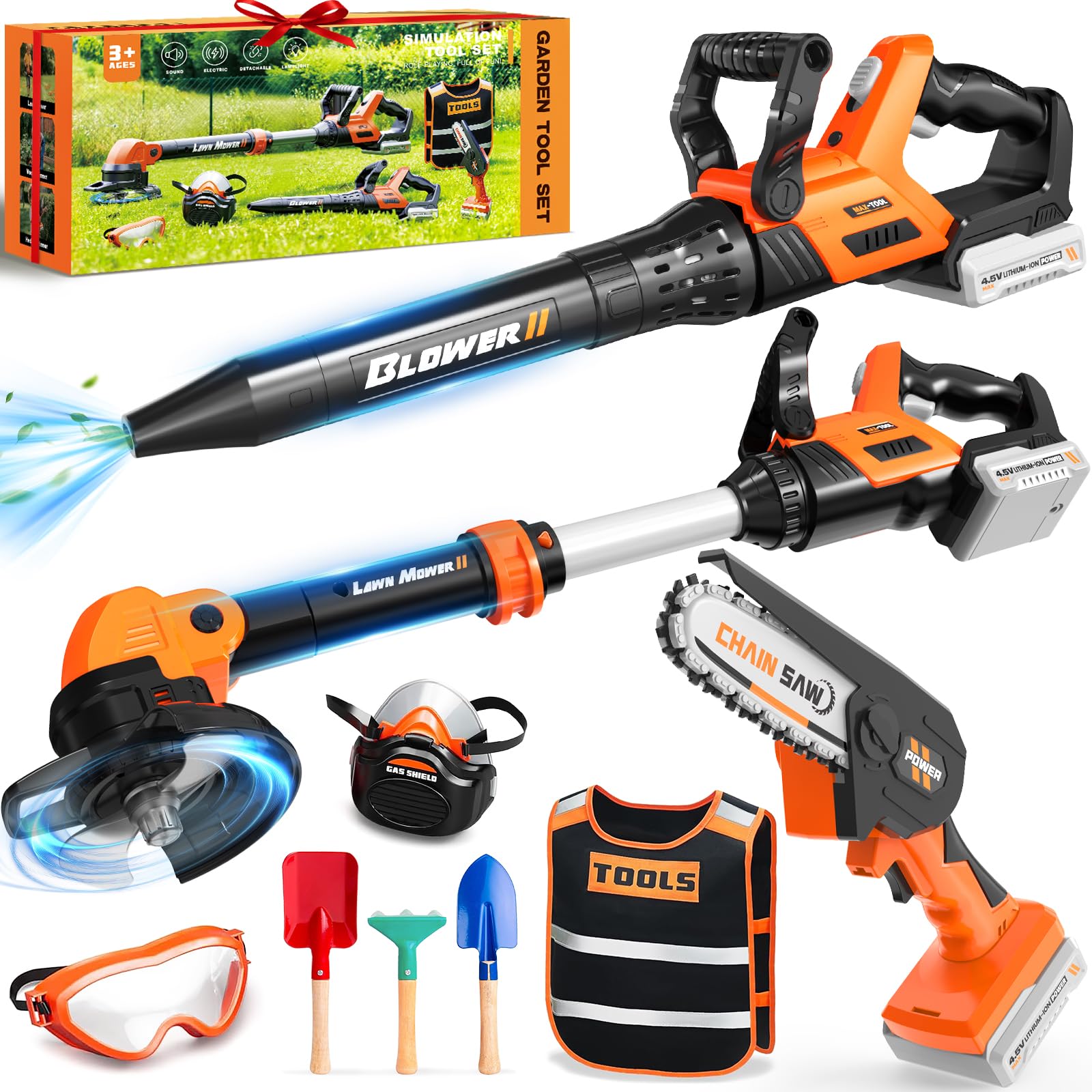 2 in 1 Werkzeug Kinder Spielzeug ab 3 Jahre, motorsäge Kinder, Kinder Rasenmäher & Laubbläser mit Geräusch, Gartenspielzeug Kinder Outdoor Spiele Geschenk 3-9 Jahre Junge