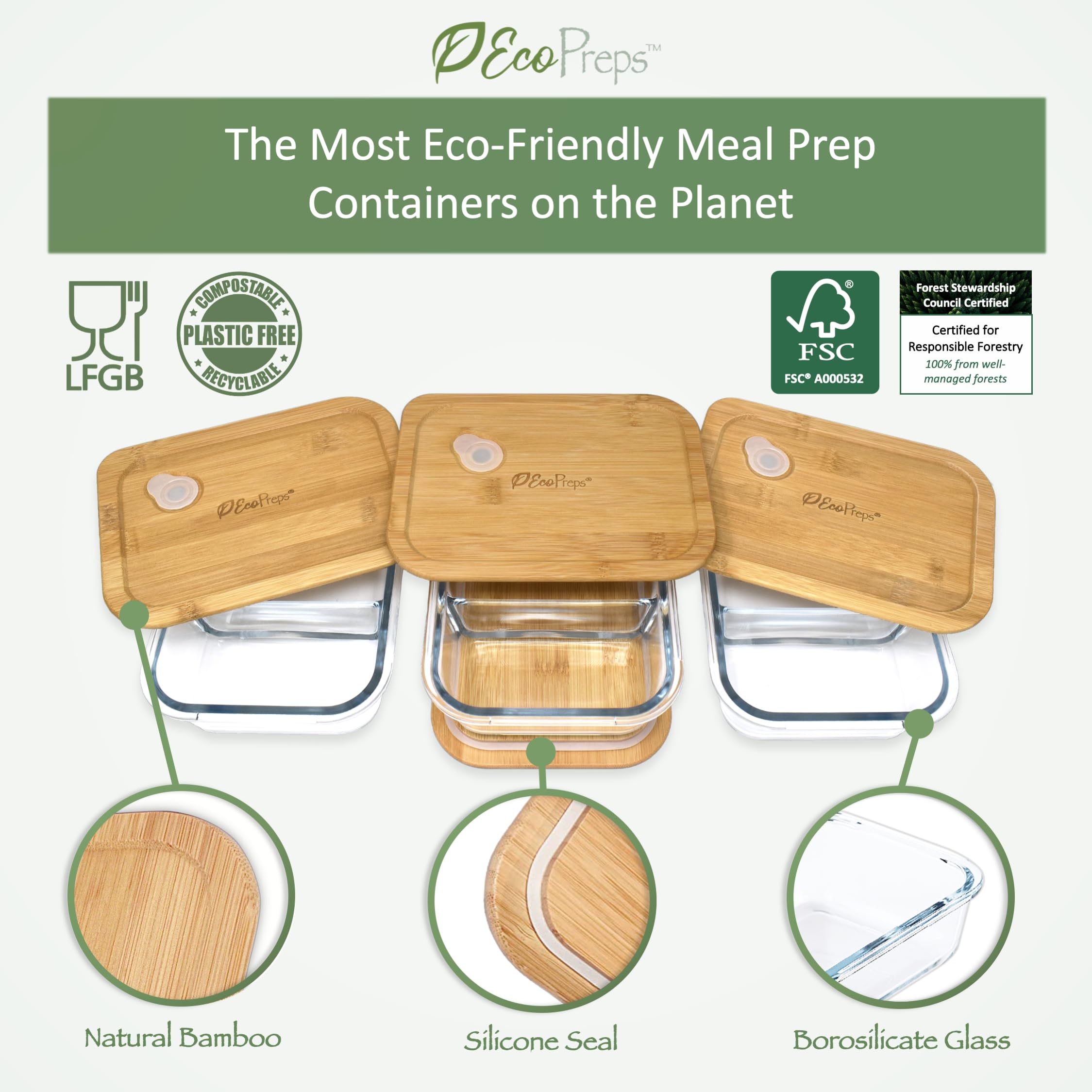 EcoPreps Szklane pojemniki do przygotowywania posiłków z bambusowymi pokrywkami, 2 przegródki szklane pojemniki Bento Box [3 sztuki] 100% bez plastiku, ekologiczne, szklane pojemniki do przechowywania