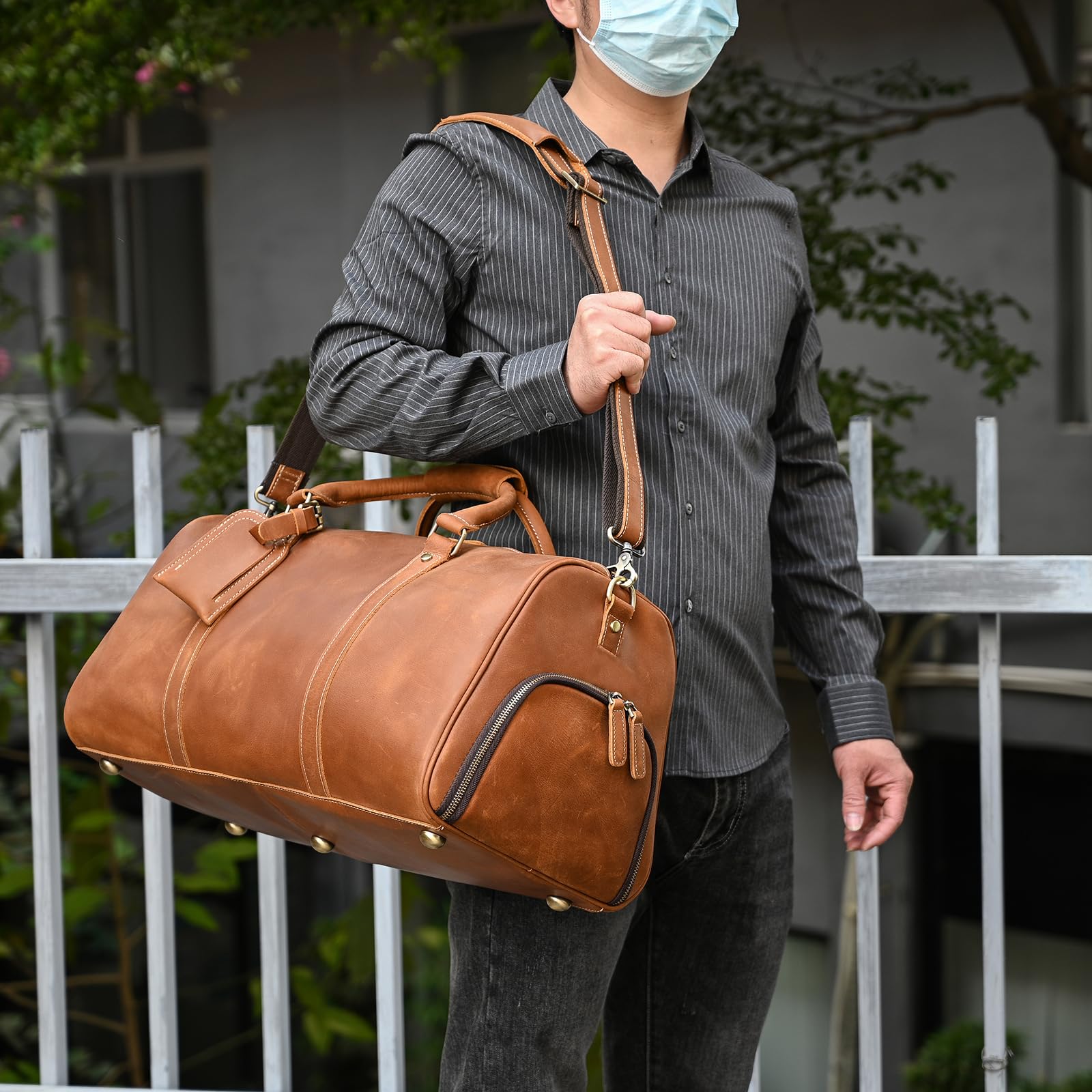 Grande Borsa da Viaggio in Pelle con Scomparto Scarpe Borsone Sportiva Tracolla Rimovbile Regolabile Manico Rinforzato per Viaggio Lavoro Palestra, marrone chiaro
