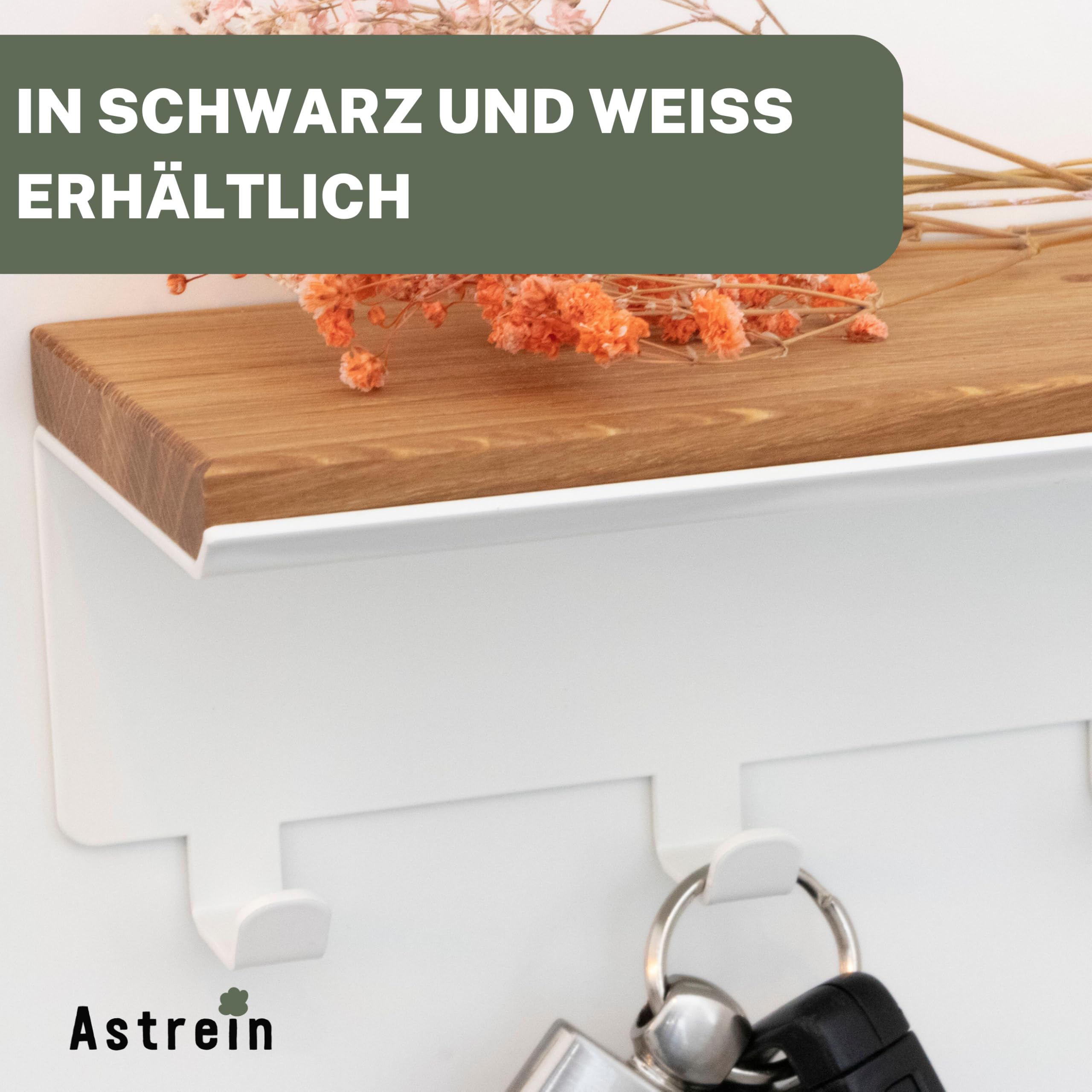 Astrein® | Schlüsselbrett mit 6 Haken | Schlüsselboard aus Holz | Eiche | Wandorganizer | Schlüsselkasten | Schlüsselhalter mit Ablage | Schlüsselaufbewahrung Metall schwarz | 30x8x8cm