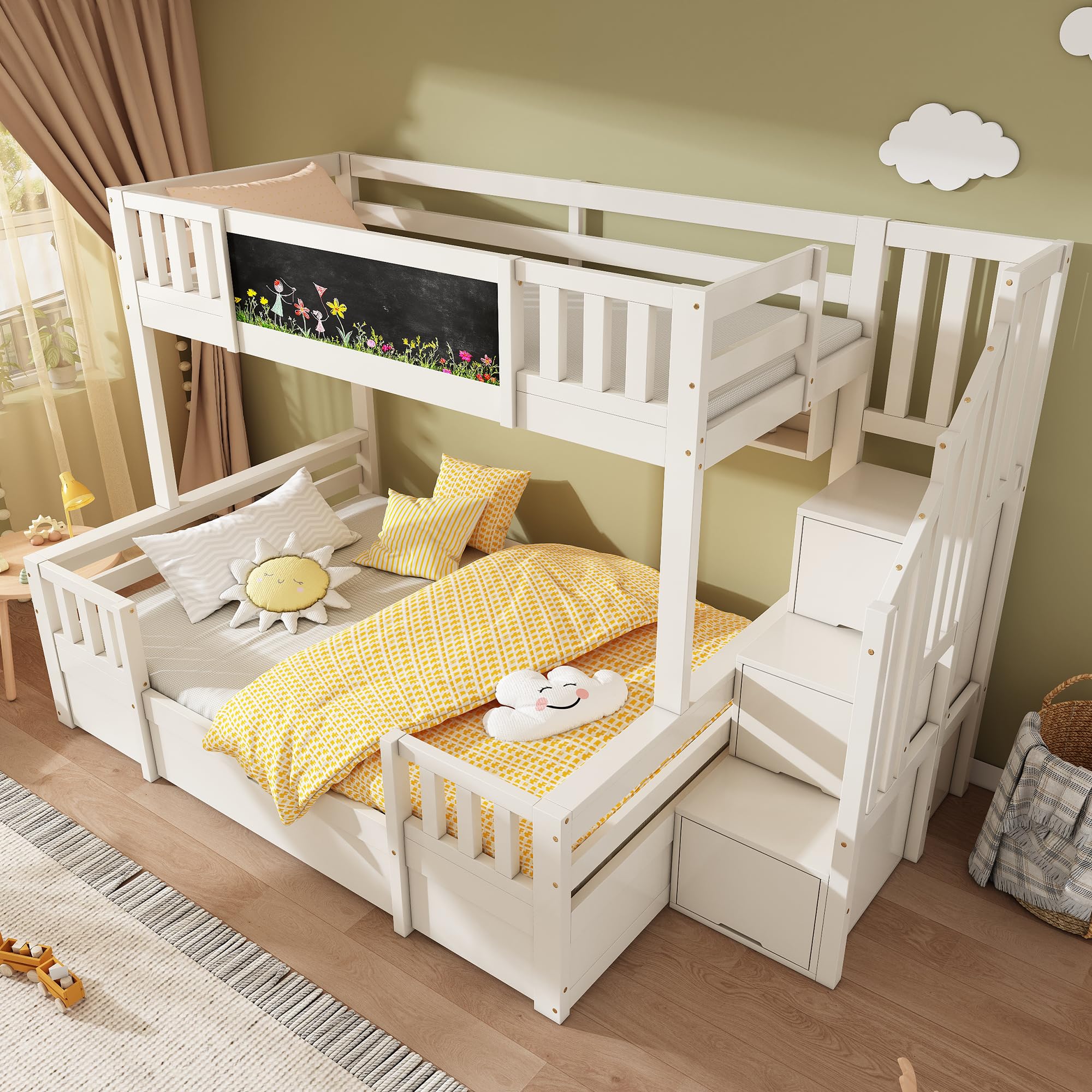 Sapgaks Lit superposé Enfants en Bois Massif 90/140x200 avec Tableau Noir, échelle de Rangement, 2 tiroirs,lit Enfant,Cadre de lit 2 Personne avec Garde-Corps et sommier à Lattes (A-Blanc)