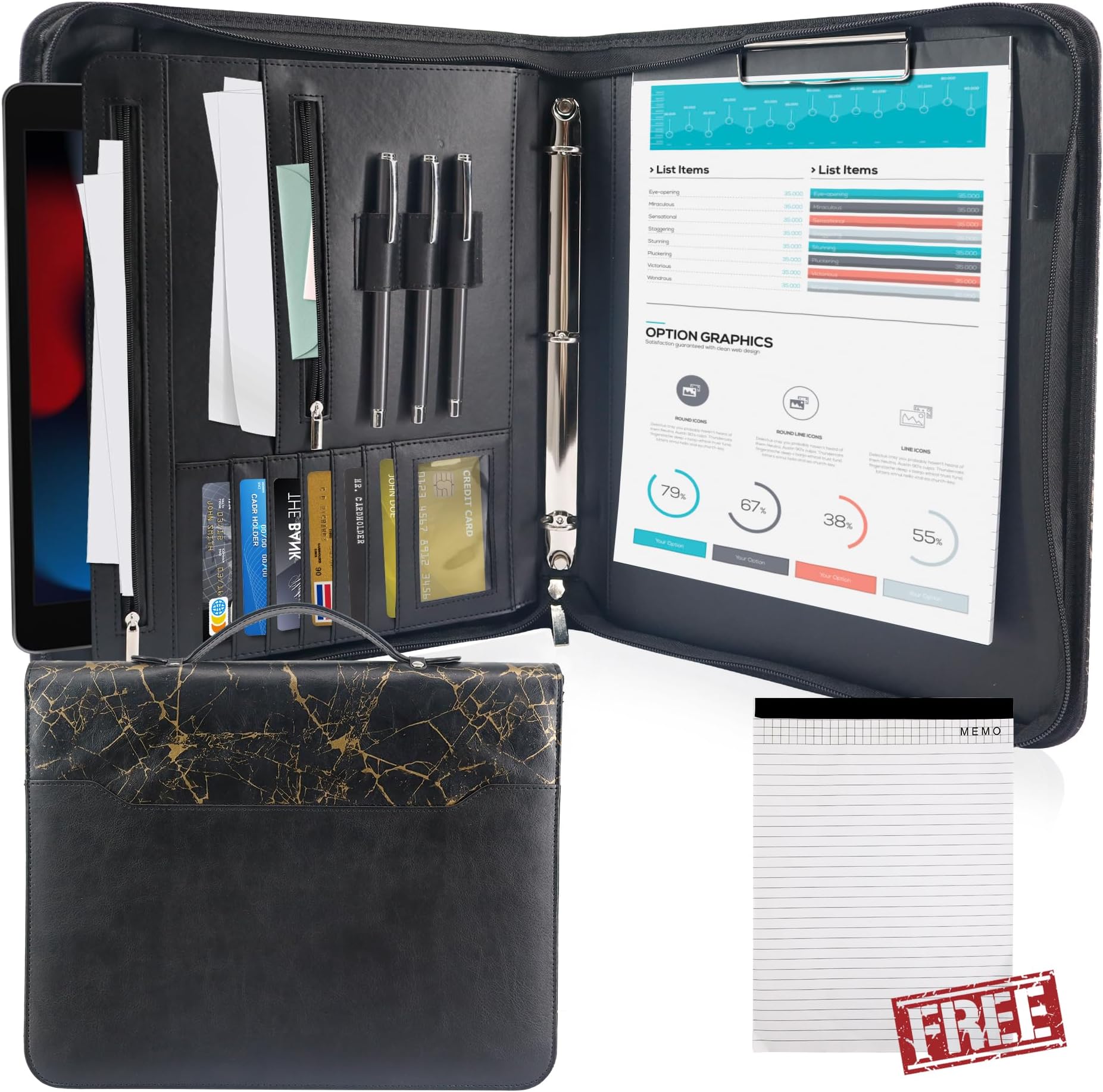 GraduatePro Zippered Leather Padfolio Portfolio Folder with Handle and Clipboard, 3-Ring A4 Size Interview Legal Conference Document Organizer, Business Card Holder Bag for Men/Women, Black Marble