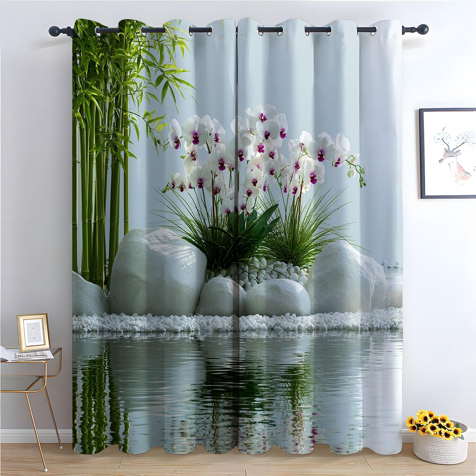 TERUEA Curtains Polyester Minimal zen water garden white orchid bamboo stone Farmhouse Flower Print Decorative Grommet Window Drapes Blackout Curtains for Bedroom-42 W x 84" L (Pack of 2)