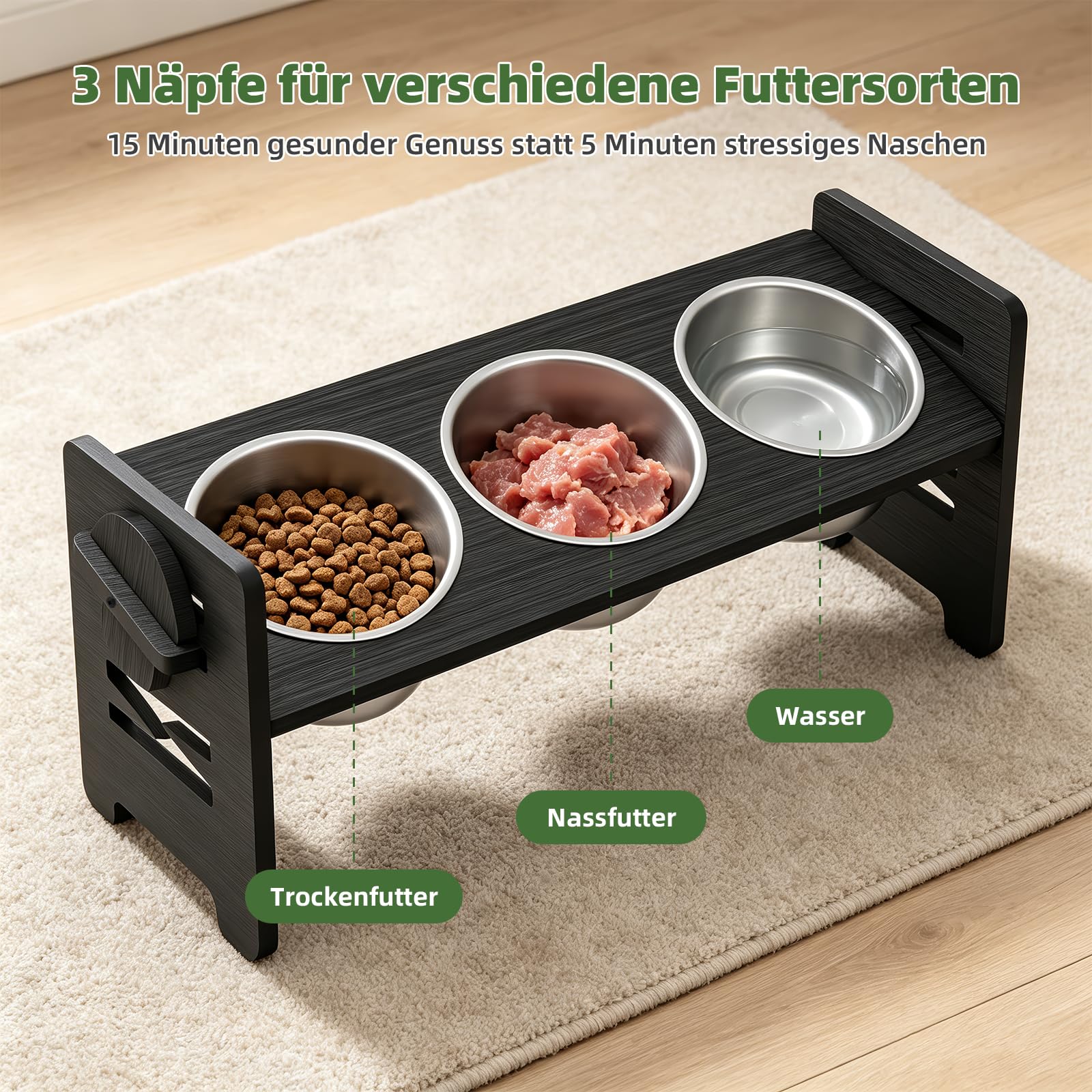 Mittimiya 3-teiliges Set Höhenverstellbar Katzennapf Erhöht, Erhöhter Futternapf Katze aus Bambus mit Edelstahl Näpfe für Wasser Futter, Futterstation Katze für Kleine Hunde und Katzen(Schwarz)