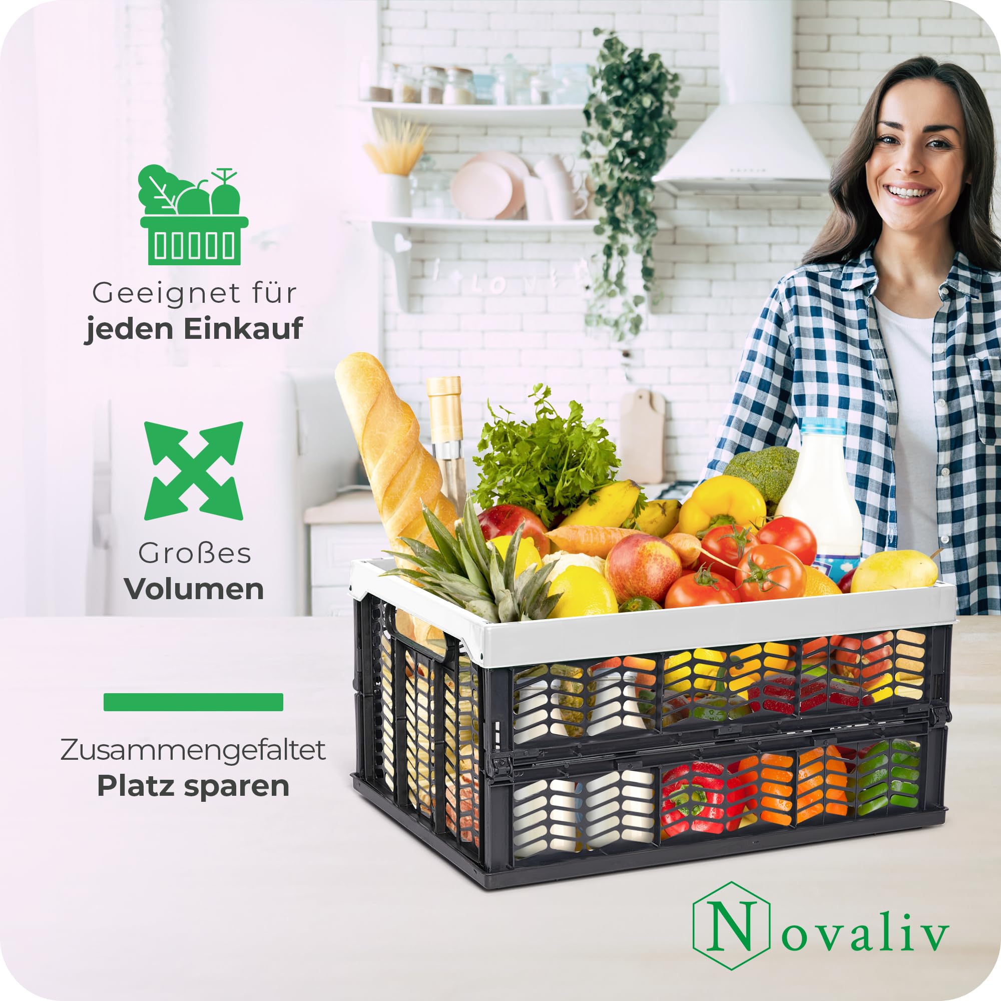 Novaliv Scatole pieghevoli stabili, 8 x 30 l, grigio e nero, set di scatole per la spesa
