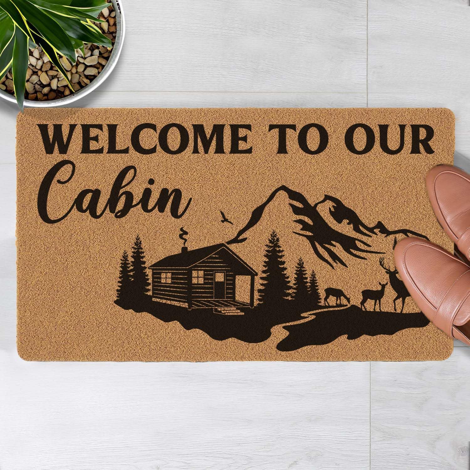 LuckyChu Welcome Door Mat Welcome to Our Cabin Outdoor Indoor Entrance, Low-Profile Floor Mats Non Slip Durable Entrance Rugs for Entry, Patio, High