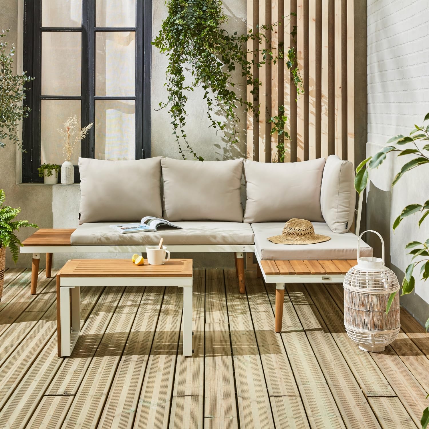Alice's Garden - Salon de Jardin Beige et Blanc modulable en Aluminium et Bois d'acacia. 4 Places. Sao Paulo.140 x 68 x 65cm