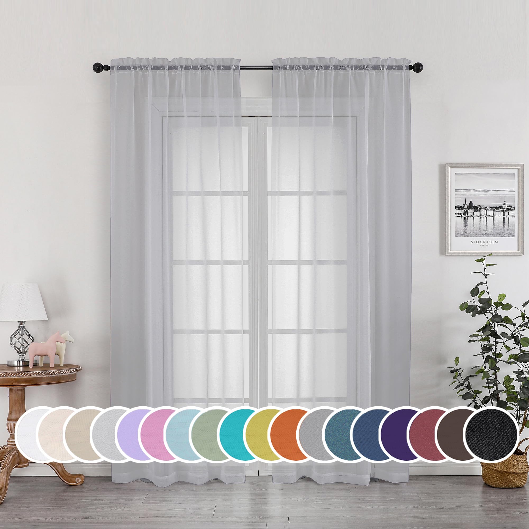 Sheer Curtains 72 Inches Long for Living Room Bedroom, Rod Pocket Fimly Voile Door Curtains with Soft Touch, Rod Pocket Solid Light Grey Voile Elegant Airy Curtains, Each 42Wx72L inch