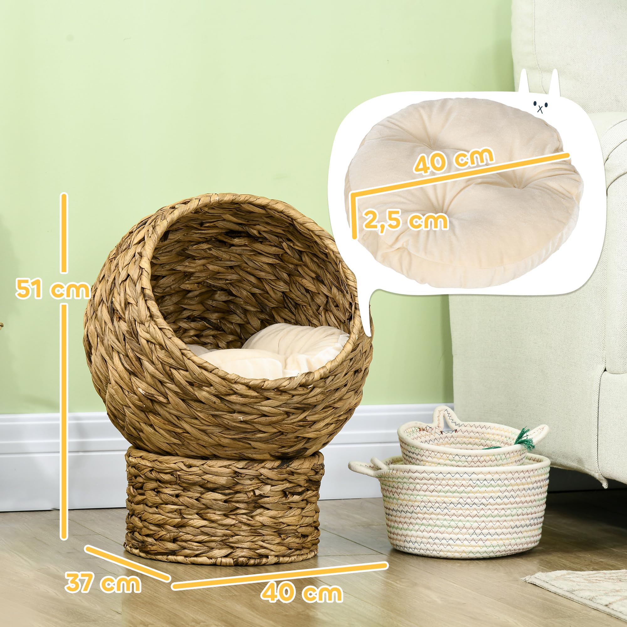 PawHut Panier Chat lit surélevé Chat Cosy Niche Grotte à Chat Grand Confort dim. 42L x 33l x 52H cm Coussin Moelleux Beige Inclus