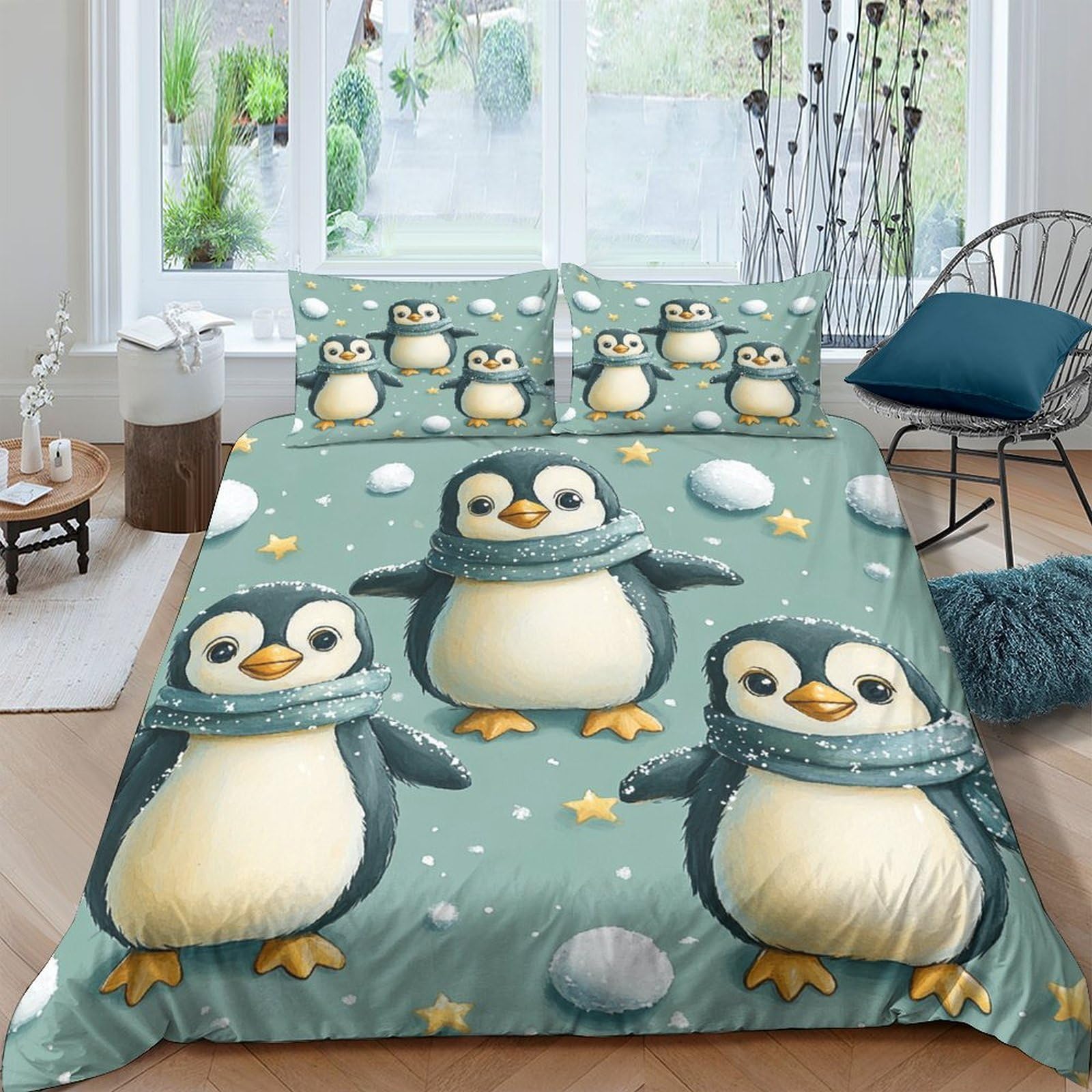 Ctjqhvkz Style-9 3D Printed Cute Penguin Fitted Sheet Microfiber Soft Green Snowy Bed Cover For Bedroom Guest Room Decor Single（135X200cm）