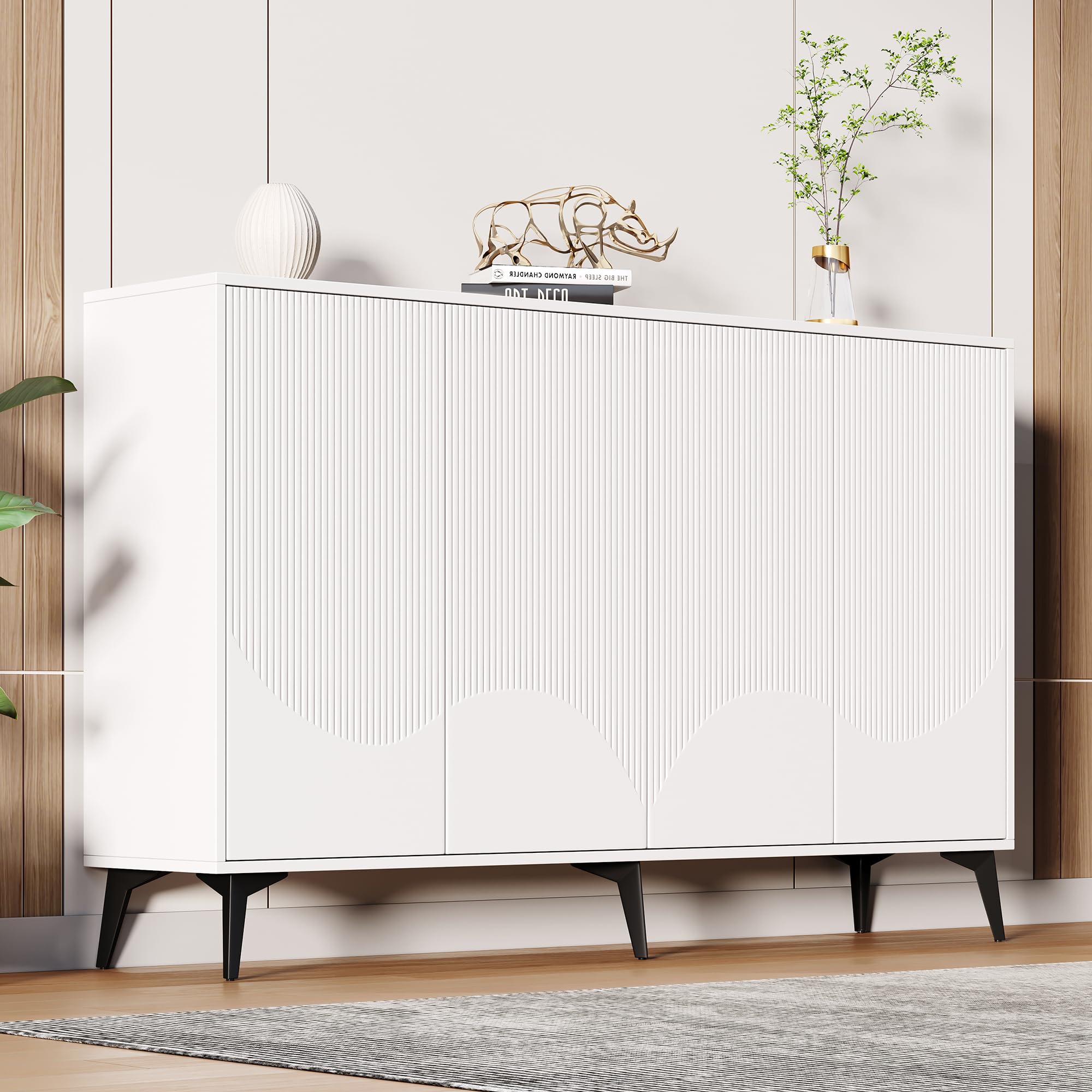 Aparador multifunción de 160 cm de ancho, color blanco, con estantes ajustables, 4 puertas, patas de metal