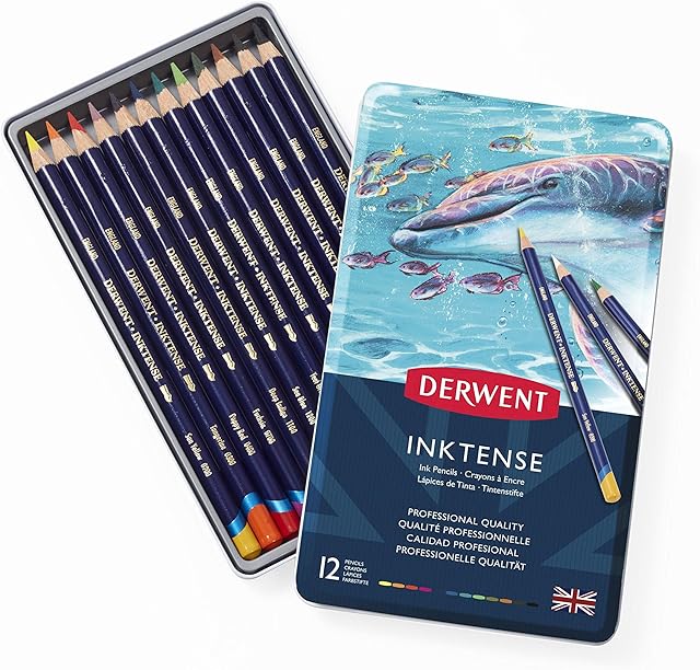 Derwent Inktense Permanent Watercolour Pencils 12 Tin, Set of 12, 4mm Premium Core Strength, Water-Soluble, Ideal for Drawing, Colouring & Painting on Paper or Fabric, Professional Quality (0700928)