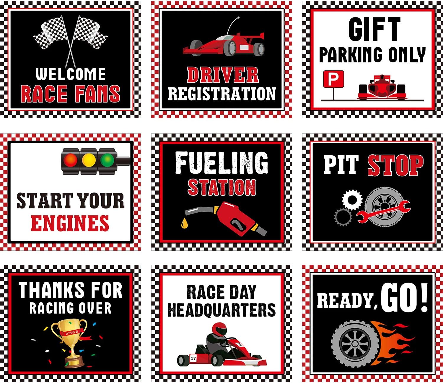 Blulu 9 Pcs Race Car Birthday Party Decoration Set Racing Car Signs Checkered Flags Fast Racing Fans Wheels Theme Decor Laminated with 40 Glue Points for Boy Kid Race Fans Bedroom Party(Classic Style)