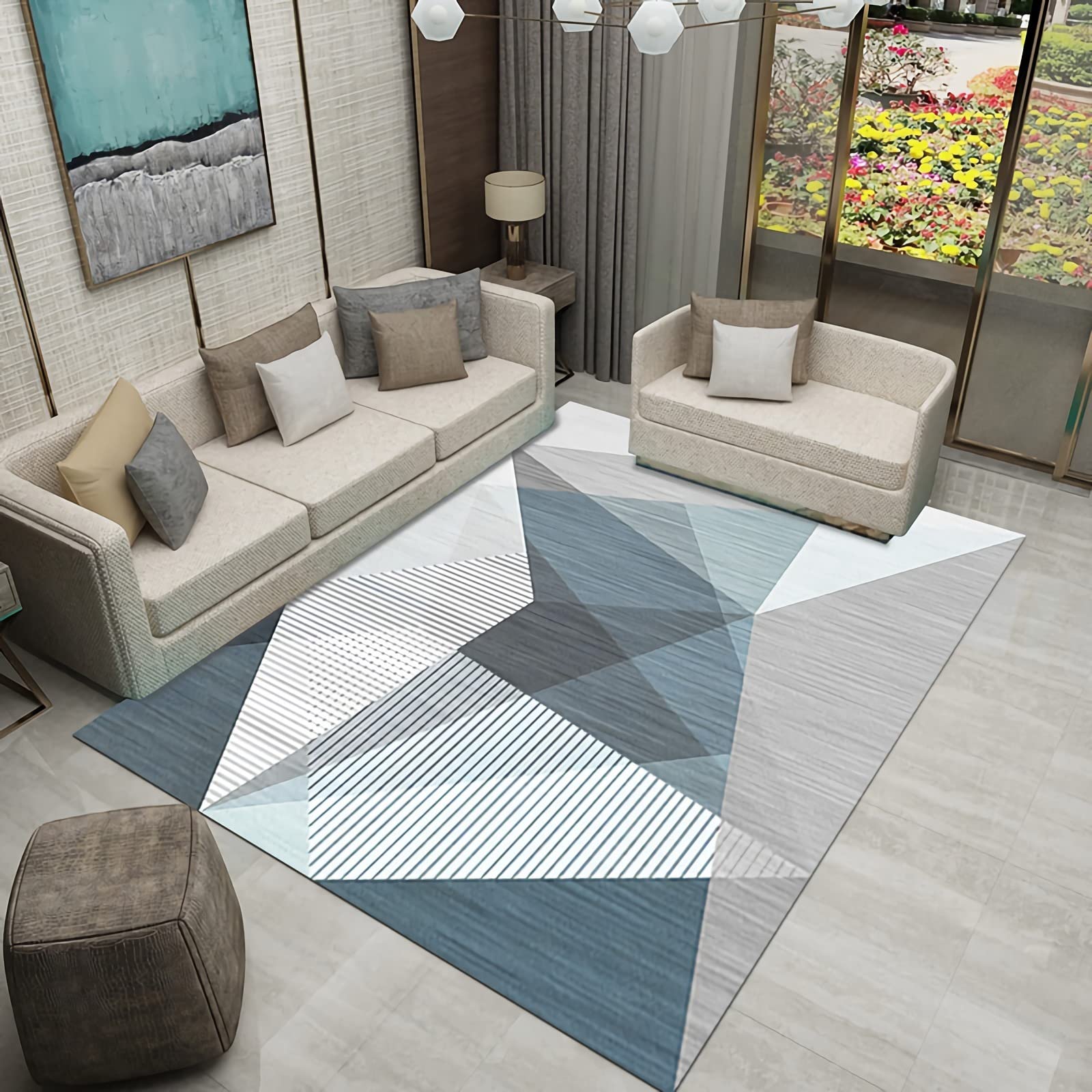 Tapis Tapis Chambre ado Fille Anti Glisse pour Tapis Motif Triangle géométrique rayé Bleu Gris, Tapis de canapé de Salon Deco pour Chambre 60x160cm