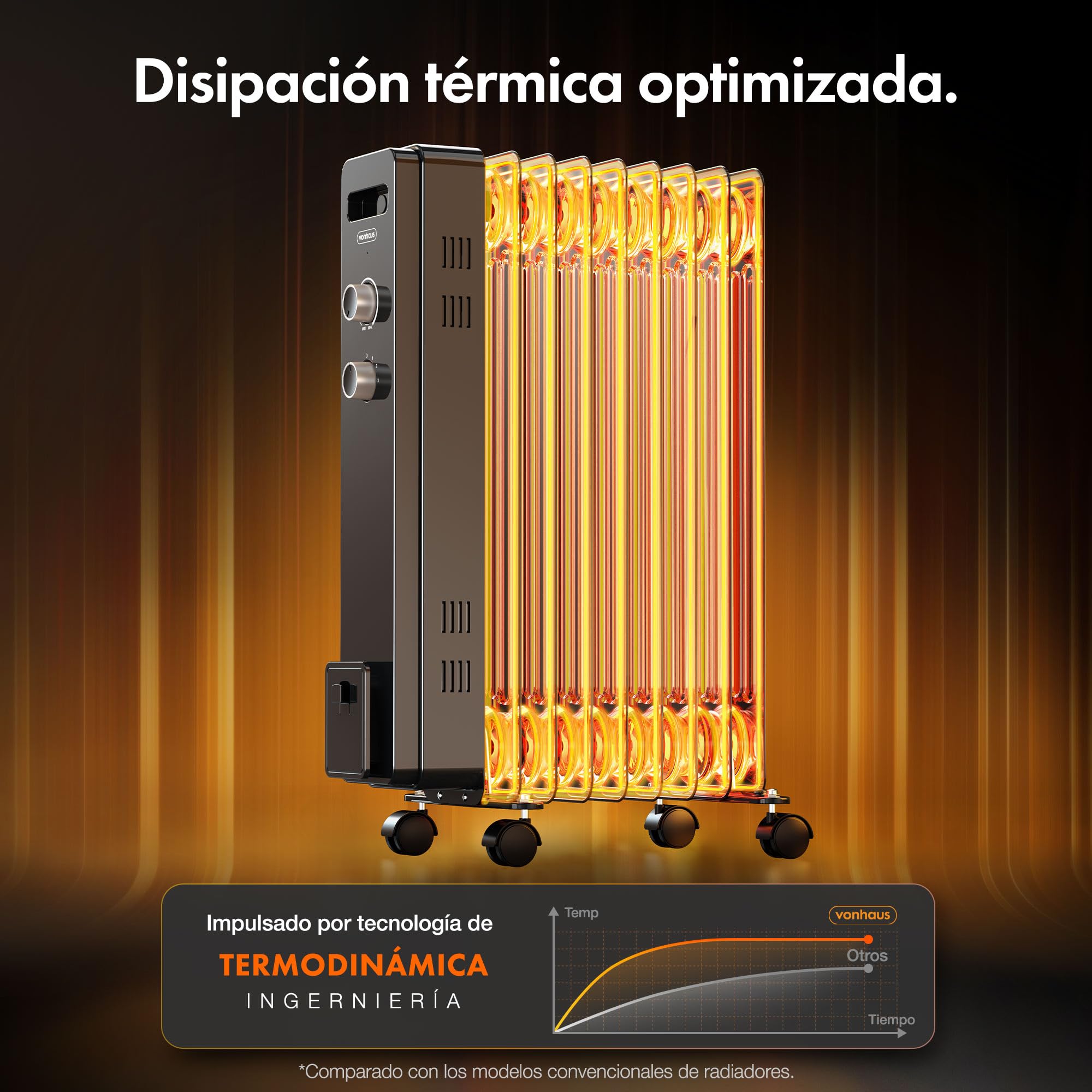 VonHaus Radiador Eléctrico de Aceite de 9 elementos – Calefactor Eléctrico Bajo Consumo Portátil 2000 W - Termostato Ajustable, 3 Niveles de Calor, 4 Ruedas, Cable 1,5 m (Negro)