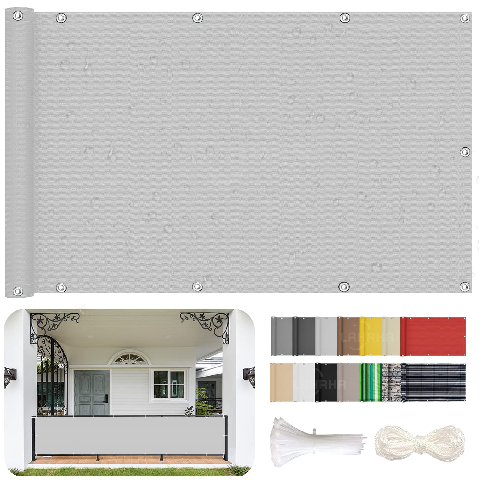 Osłona balkonowa, ochrona przed wzrokiem, na patio, wodoodporna, blokada promieniowania UV, osłona balkonowa z opaskami kablowymi i liną, jasnoszara, 80 x 1000 cm
