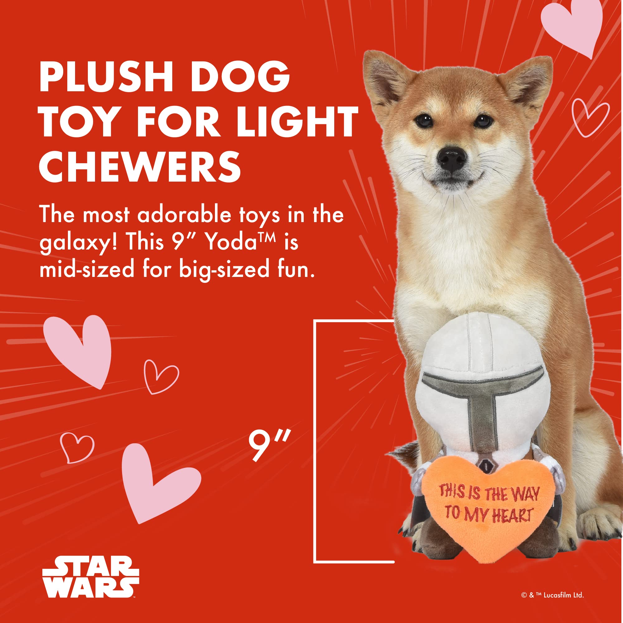 Star Wars Hundespielzeug, Mandalorianischer Plüsch-Quietscher, 22,9 cm, Mandalorianischer Valentines to My Heart, Plüsch-Quietscher, Spielzeug für Hunde, Mandalorianer, Stofftier, 22,9 cm