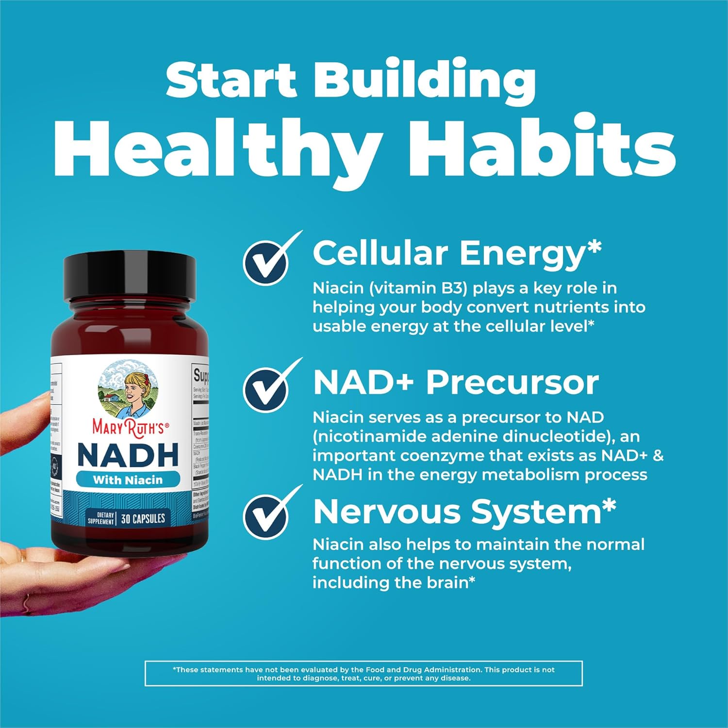 MARYRUTH'S NADH Capsules | Niacin | NAD+ Precursor | Trans-Resveratrol | CoQ10 | Cellular Energy | Energy Metabolism | Cognitive Function | Vegan | Gluten-Free | 1 Capsule Daily | 30 Servings