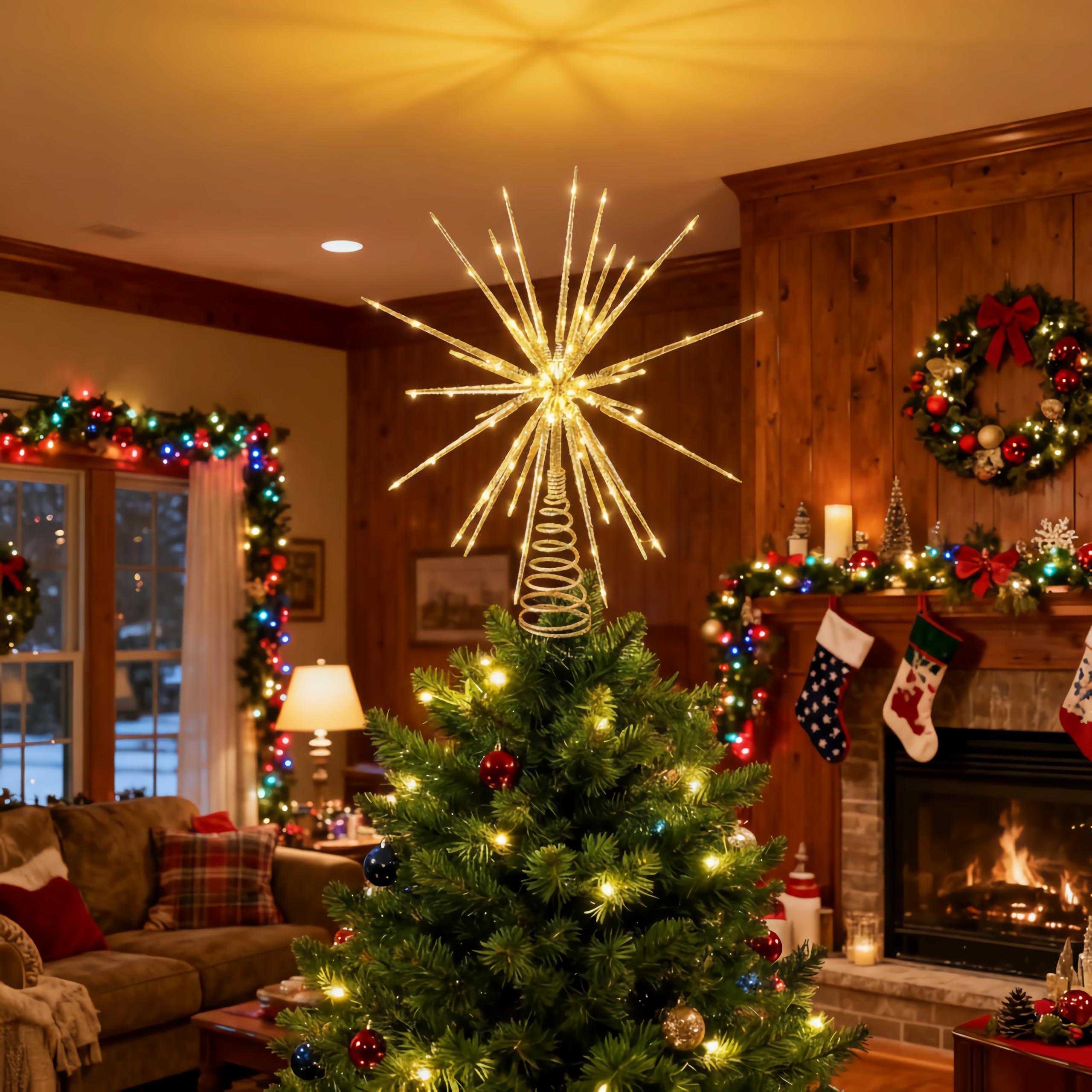 Meonum Cimier de sapin de Noël de 40,6 cm avec lumière LED, 25 lumières scintillantes, étoile de sapin de Noël pour décoration de sapin de Noël, taille universelle pour n'importe quel arbre, léger et