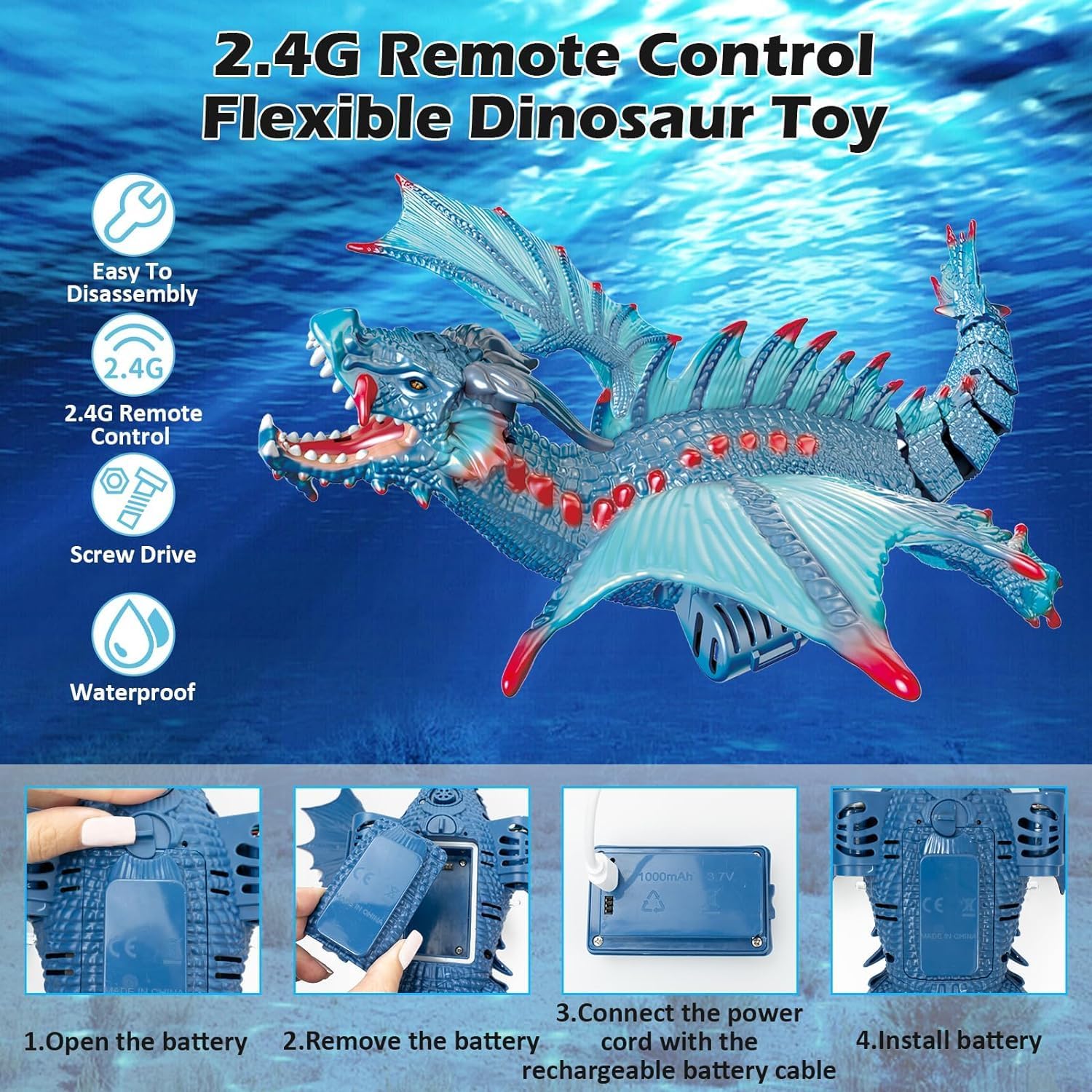 RahiGlow Remote Controlled Dinosaur Toy, 2.4GHz RC Boat Dino Water Toy for Children with Light and Water Spray Function, Electric Pool Toy Gifts for Boys Girls (Multicolor) 4