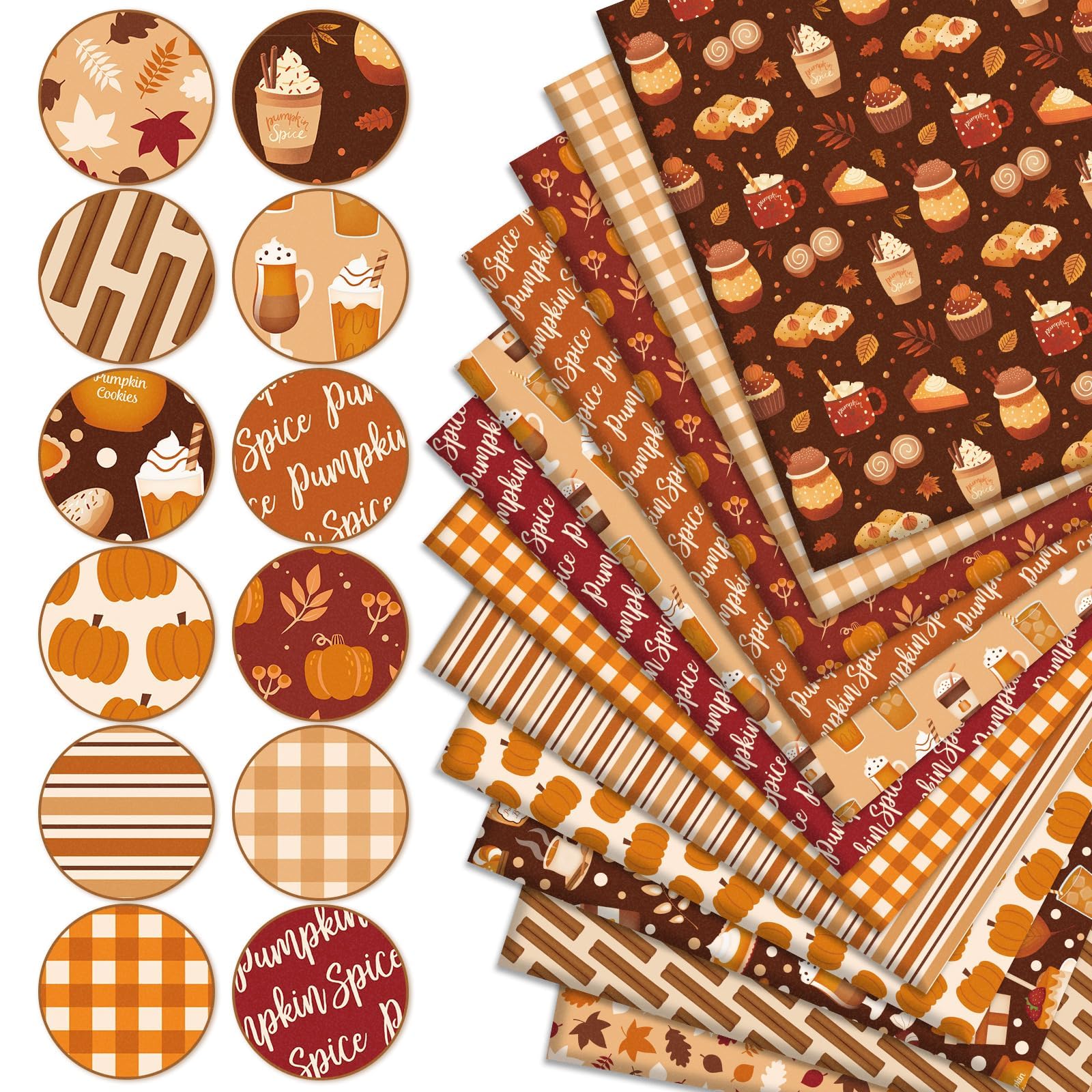 JarThenaAMCS Lot de 12 carrés de tissu en coton à carreaux pour l'automne et la citrouille - 25,4 x 25,4 cm - Petits tissus à coudre pour l'automne, Thanksgiving, bricolage, décoration de fête