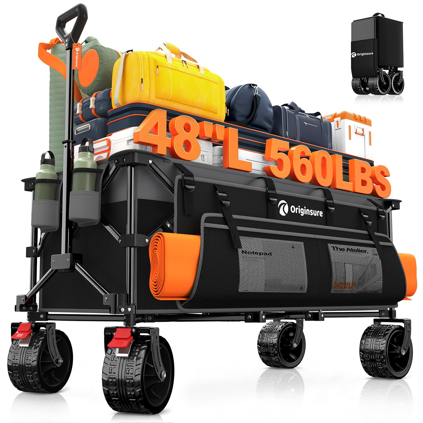 48" L Folding Beach Wagon Cart Foldable, 560lbs Weight Capacity 300L Heavy Duty Collapsible Wagons with Big All-Terrain Wheels, Utility Carts for