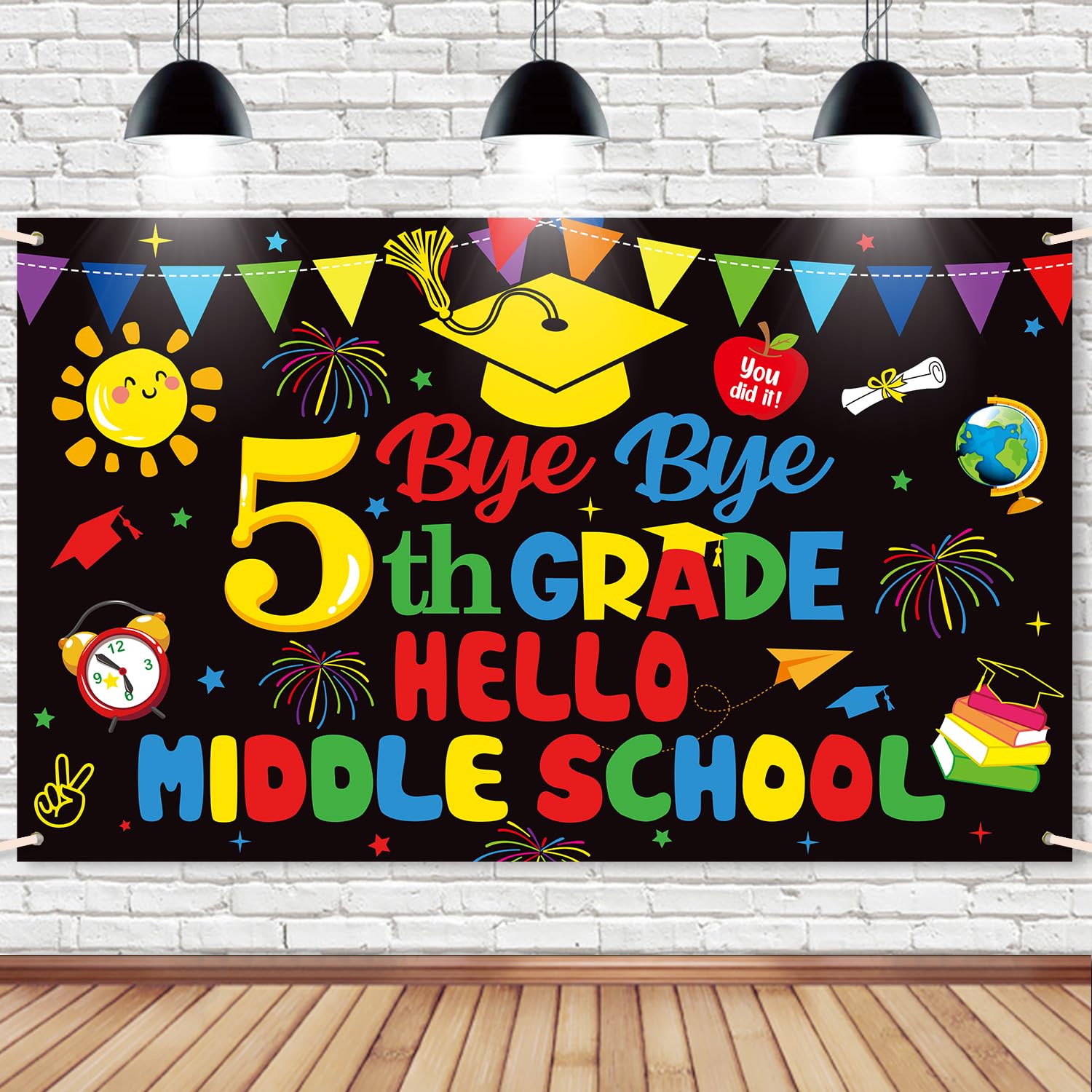 5TH Grade Graduation Decorations 2025,Black 5TH Grade Graduation Photo Backdrop,Large Size Bye Bue 5th Grade Hello High School Grad Banner Photo Booth
