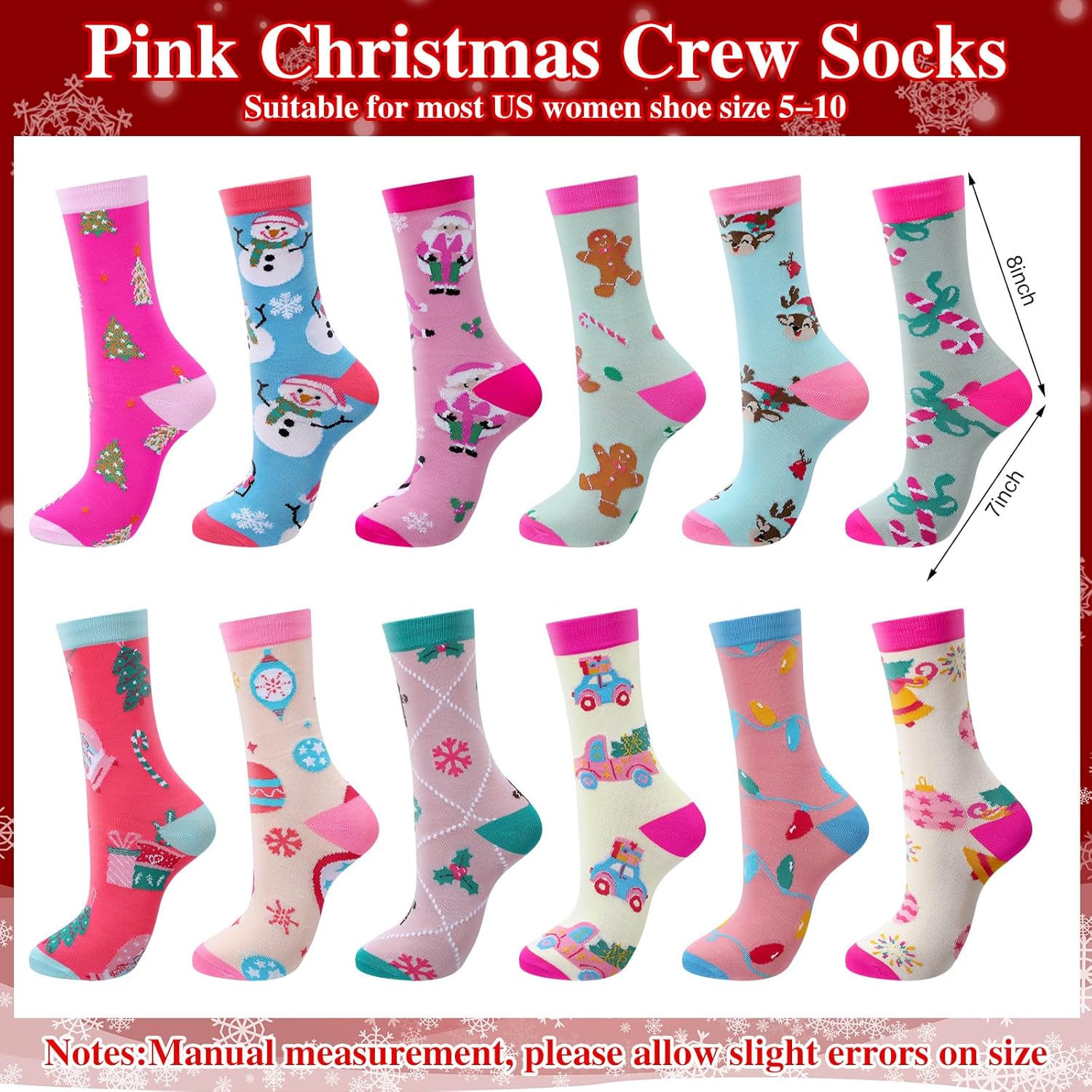 Shihanee 12 Pairs Pink Christmas Socks for Women Girls Cotton Santa Snowman Gingerbread Xmas Crew Socks Novelty Stocking Stuffers Xmas Holiday Gift Party Favors - Image 3