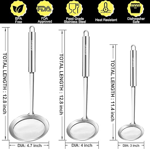Miniatura 6 de Anaeat Cuchara de acero inoxidable para desnatar grasa, juego de 3 coladores profesionales de malla fina para alimentos y espumadera de olla