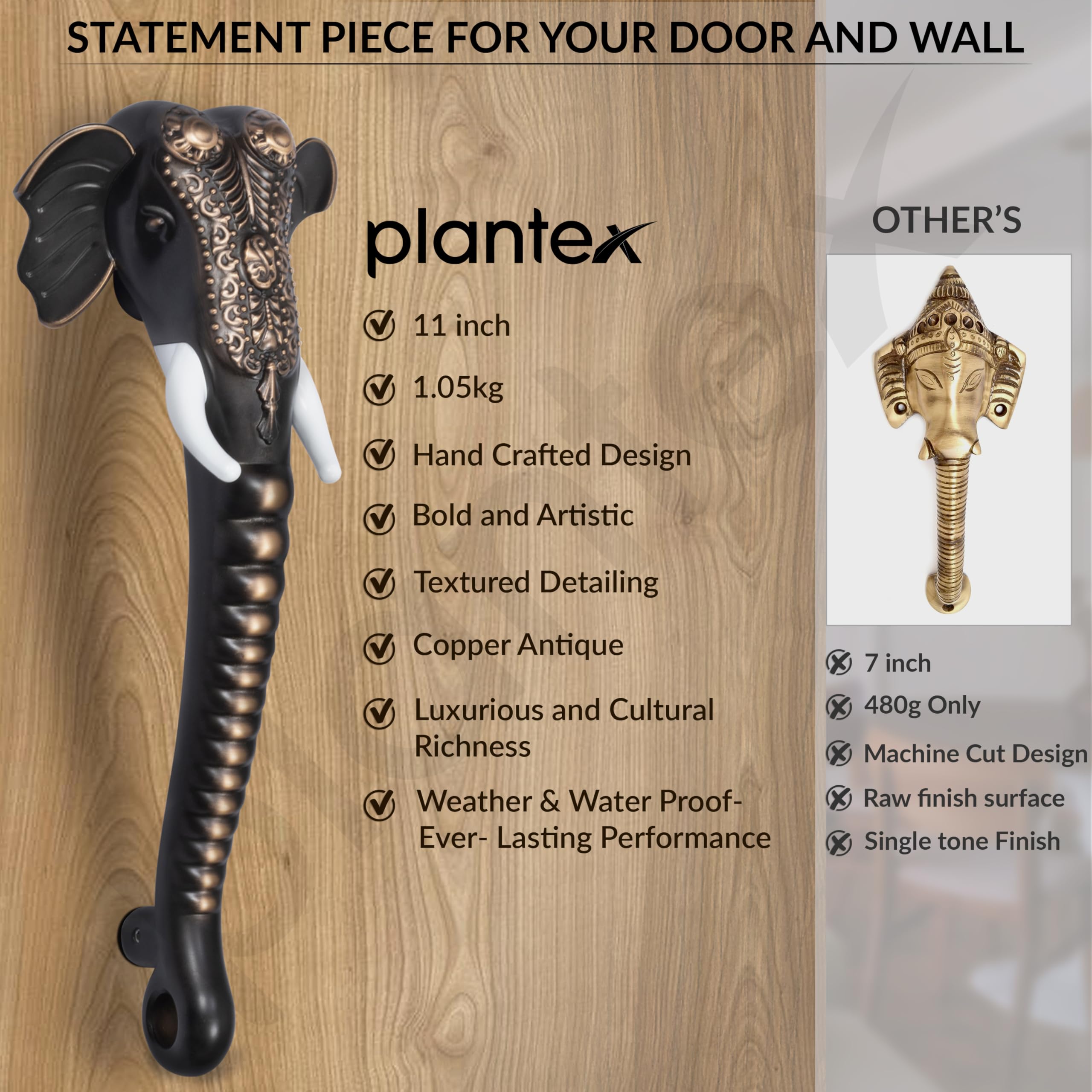 Plantex Heavy Duty Door Handle/11-inches Ganesha Main Door Handle/Door Pull Push Handle/Door & Home Decor - Pack of 1 (Copper Antique Finish) - 3 Years Warranty 3