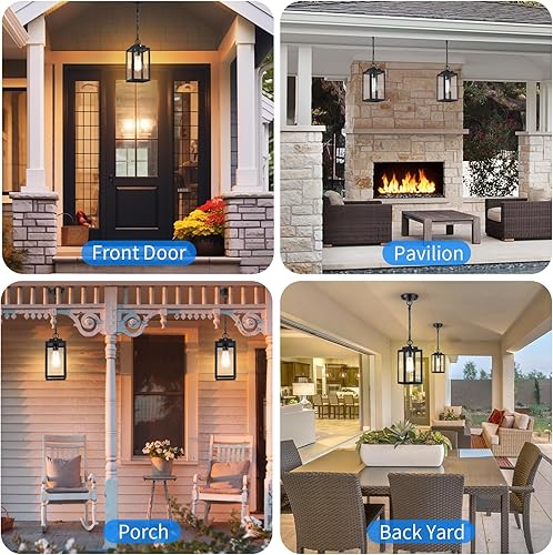 Miniatura 8 de Lámpara colgante para exteriores, 11 pulgadas, lámpara moderna para exteriores, lámpara colgante al aire libre, aluminio negro mate con vidrio