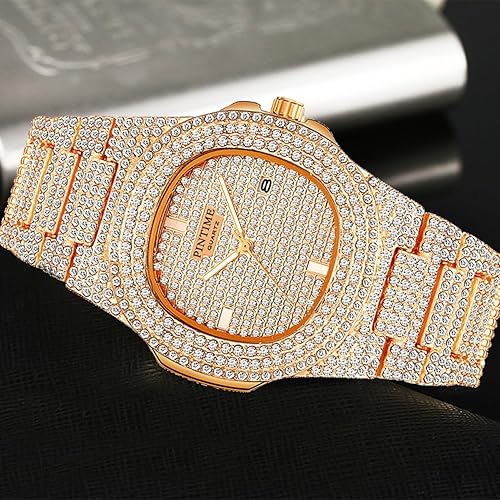 Miniatura 6 de Reloj de pulsera unisex de lujo completo de diamantes de imitación de cuarzo analógico de moda de cuarzo de acero inoxidable