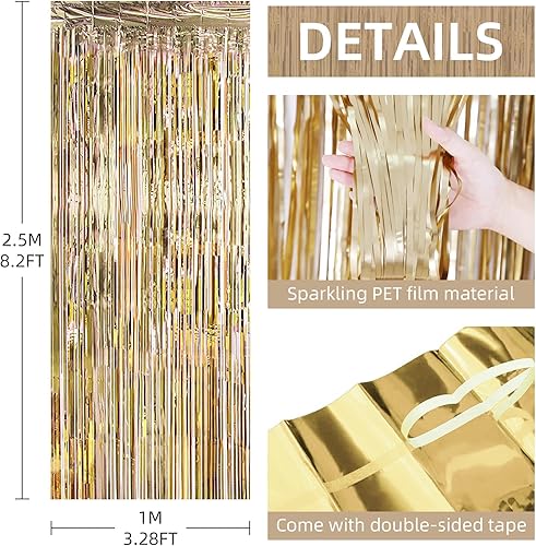 Miniatura 3 de Paquete de 6 cortinas de fondo de flecos de papel de aluminio, 3.28 x 8.2 pies, serpentinas de oropel dorado champán, cortinas de flecos metálicos