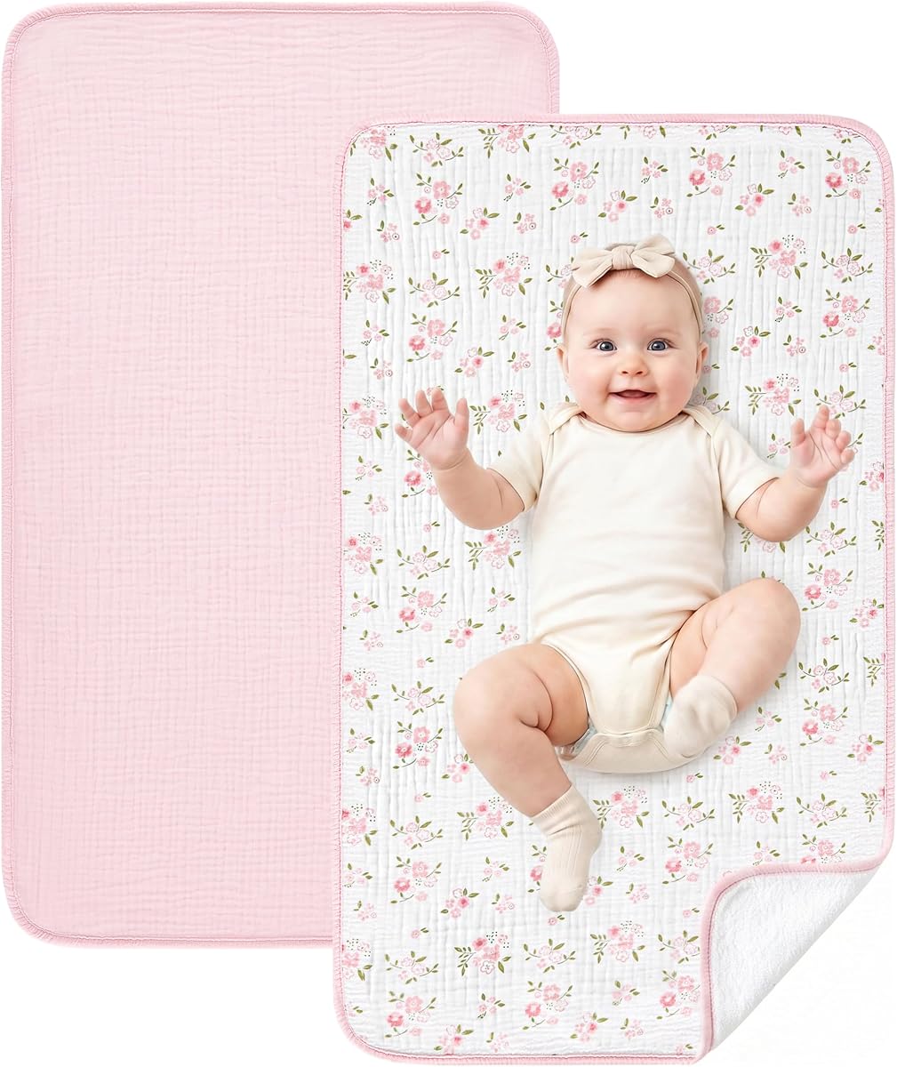Paquete de 2 cambiadores portátiles de muselina de algodón impermeable de 30 x 17 pulgadas, forro de cambiador suave y plegable con respaldo de rizo, cambiador de bebé de viaje para niñas recién nacidas y niños