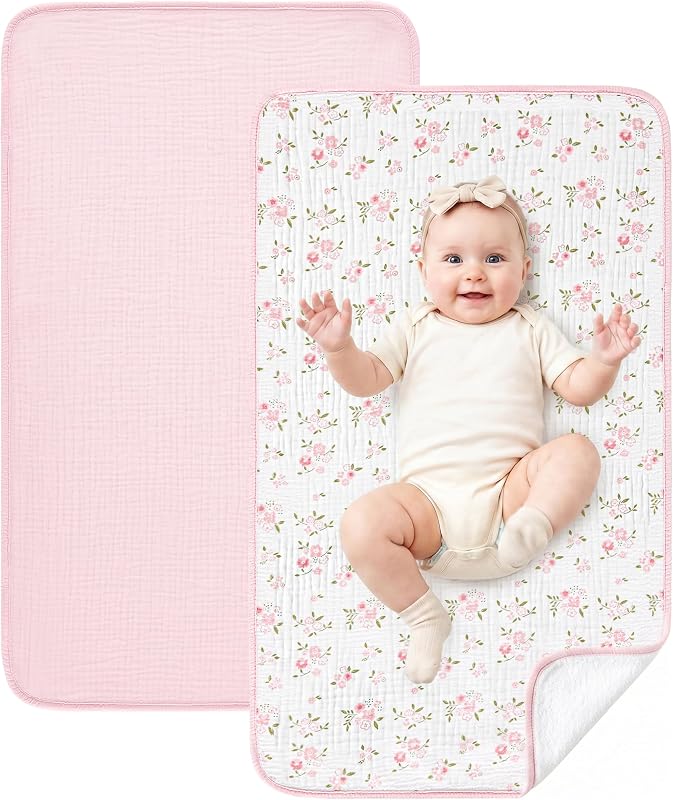 Paquete de 2 cambiadores portátiles de muselina de algodón impermeable de 30 x 17 pulgadas, forro de cambiador suave y plegable con respaldo de rizo, cambiador de bebé de viaje para niñas recién nacidas y niños