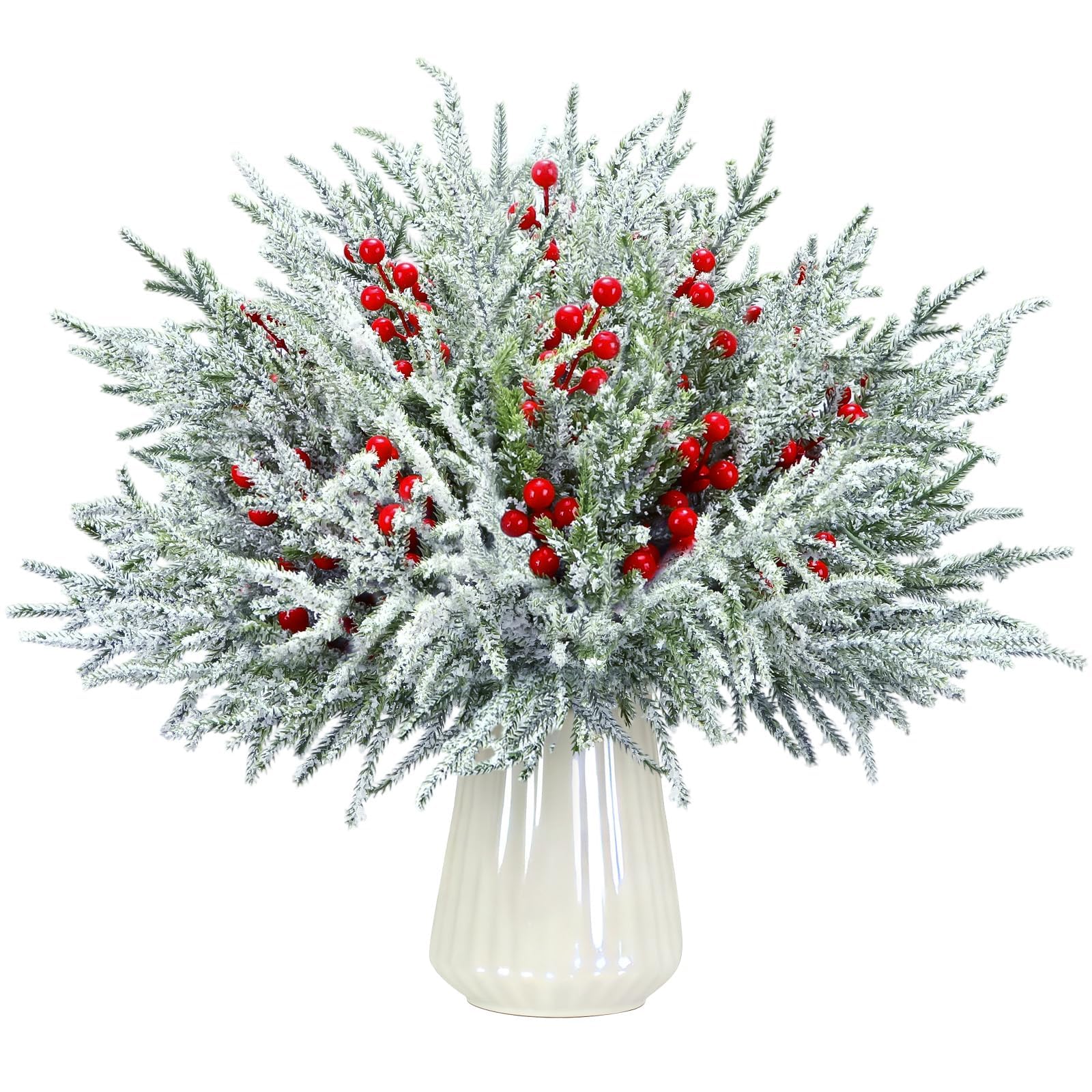 gyoyede 30Pcs Christmas Artificial Snowy Norfolk Pine Branches with 10 Berry Stems,14" Faux Norfolk Pine Branches Faux Greenery Picks for Christmas Vase Filler Home Decorations