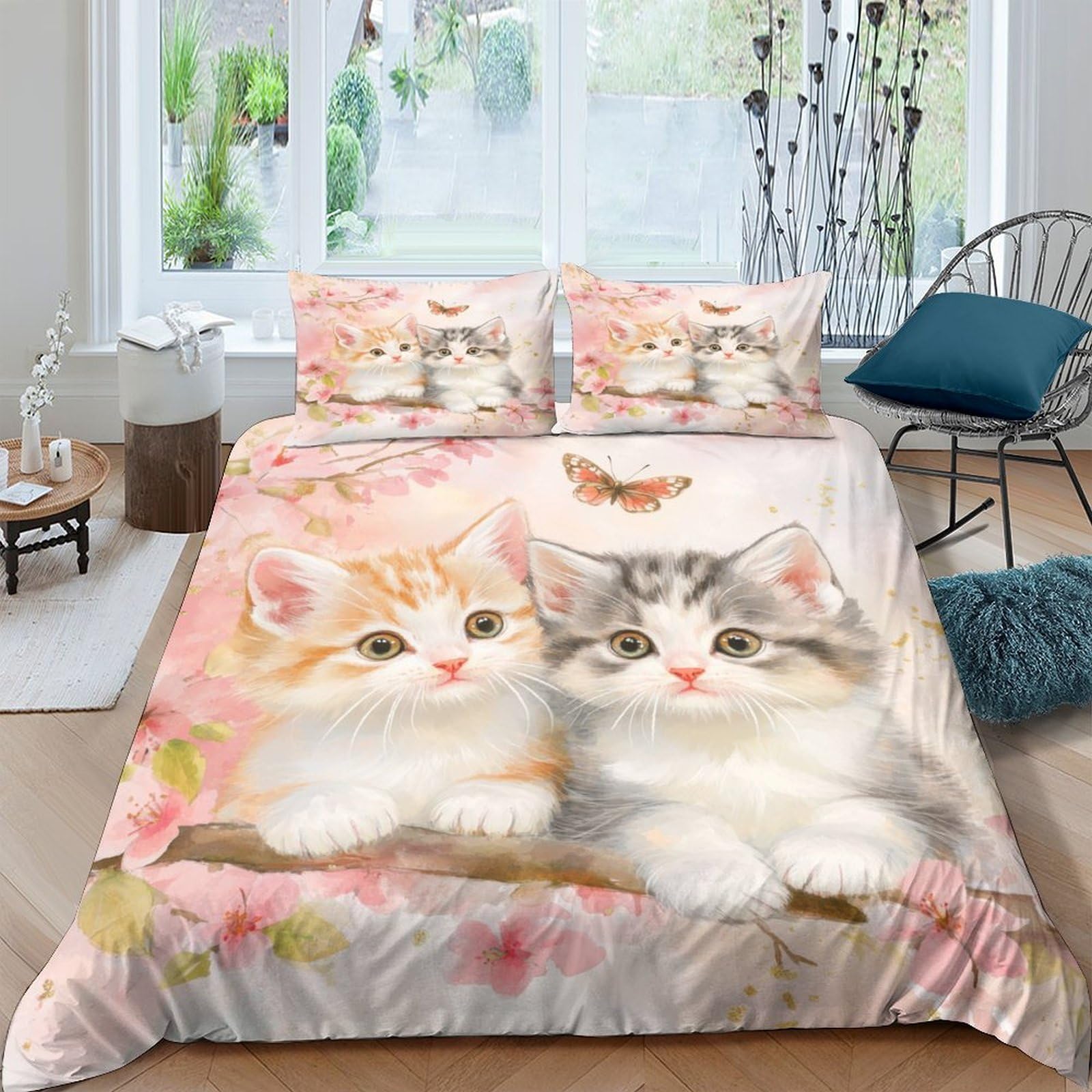 Ctjqhvkz Style-8 3D Printed Cute Kitten Fitted Sheet Microfiber Soft Pink Butterfly Bed Sheet For Bedroom Dorm Mattress Decor Single（135X200cm）