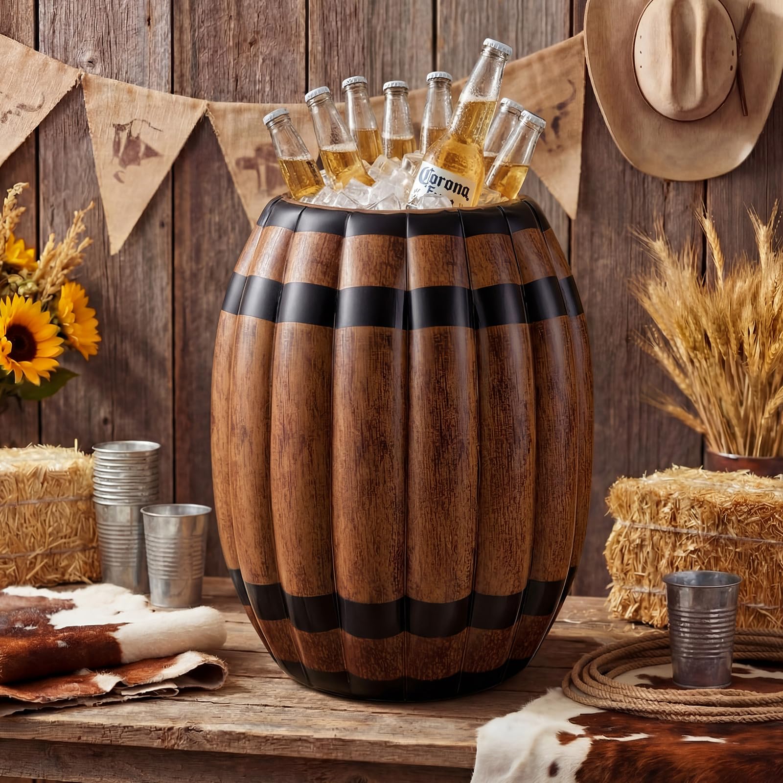 Inflatable Wine Barrel Decor Western Cowboy Party Decor 23.62 in PVC Inflatable Cooler Barrel Pirate Party Decoration for Western Nautical Halloween Birthday Rodeo Wild West Photo Props