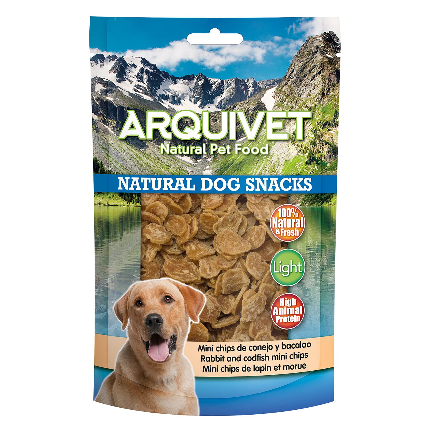 Arquivet Pack 12 Unidades Snack Chips de Conejo y Bacalao 100 gr - Natural Dog Snacks - 100% Natural - Chuches, premios, golosinas para Perros - Producto Light - Muy Rico en nutrientes