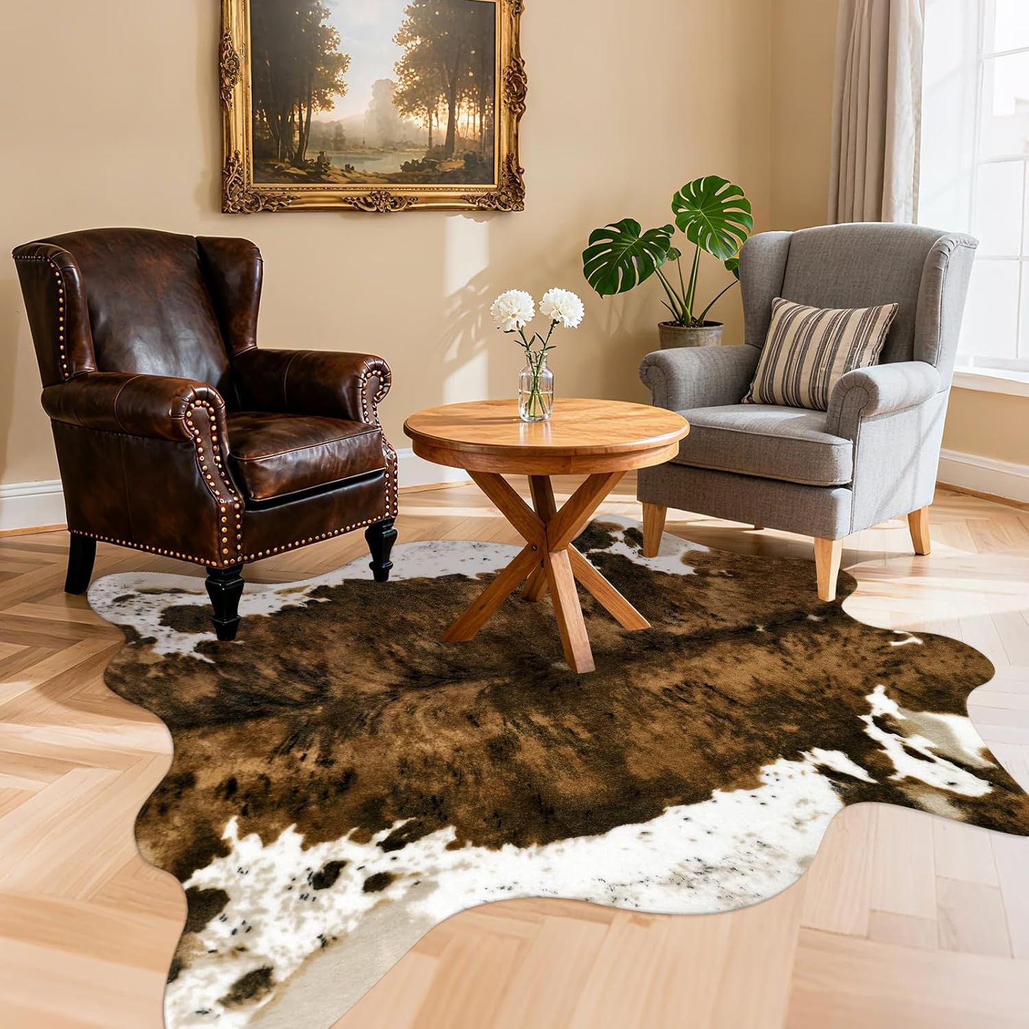 Premium Faux Cowhide Rug 4.6 x 5.2 Feet Durable and Large Size Leopard Animal Print Area Rug Washable Rug for Bedroom Western Decor,Brown