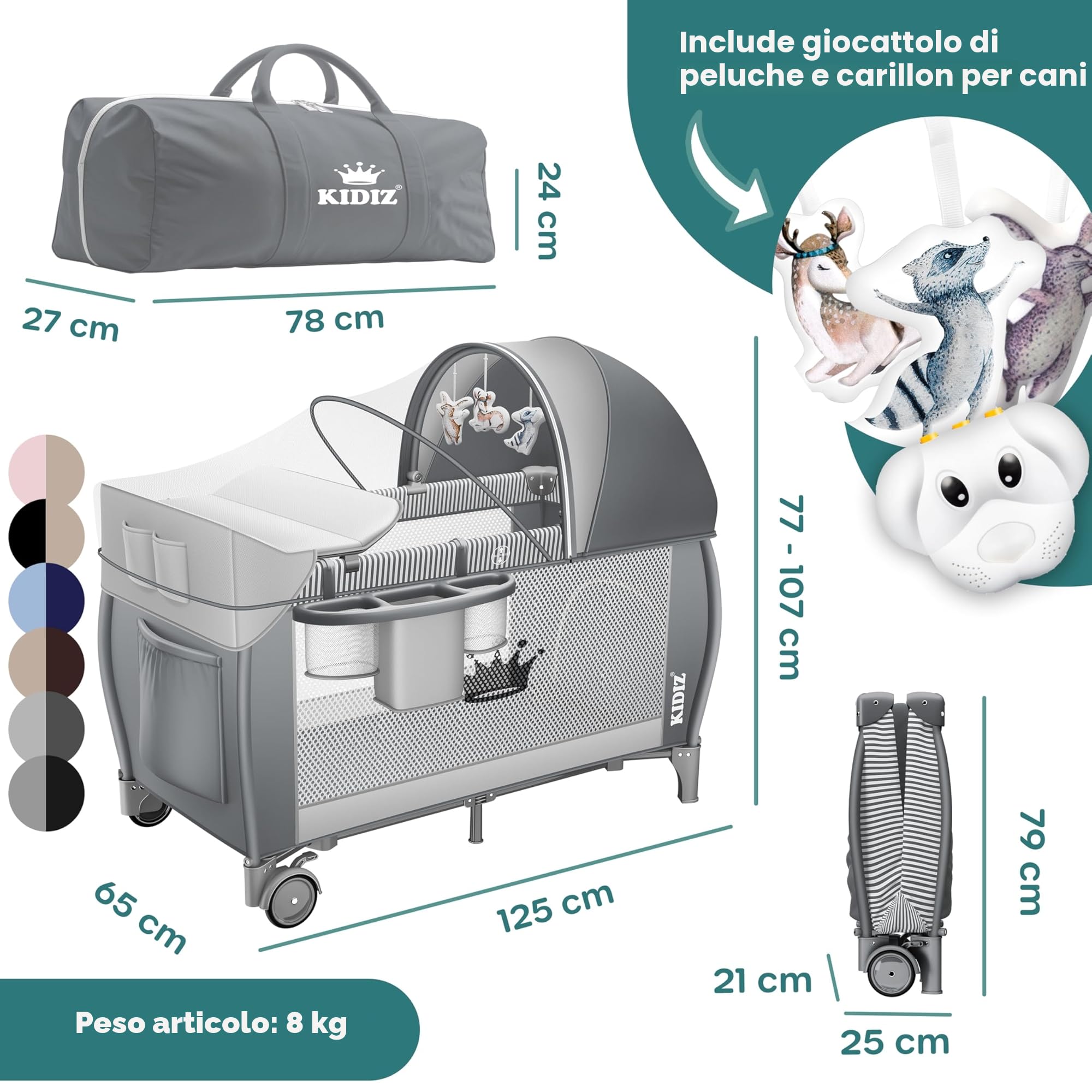 KIDIZ® Lettino per bambini 3in1, Lettino da viaggio, Set - Lettino con fasciatoio, Zanzariera, Pareti laterali aerate, Navicella, pieghevole, fino a 15 kg, Grigio