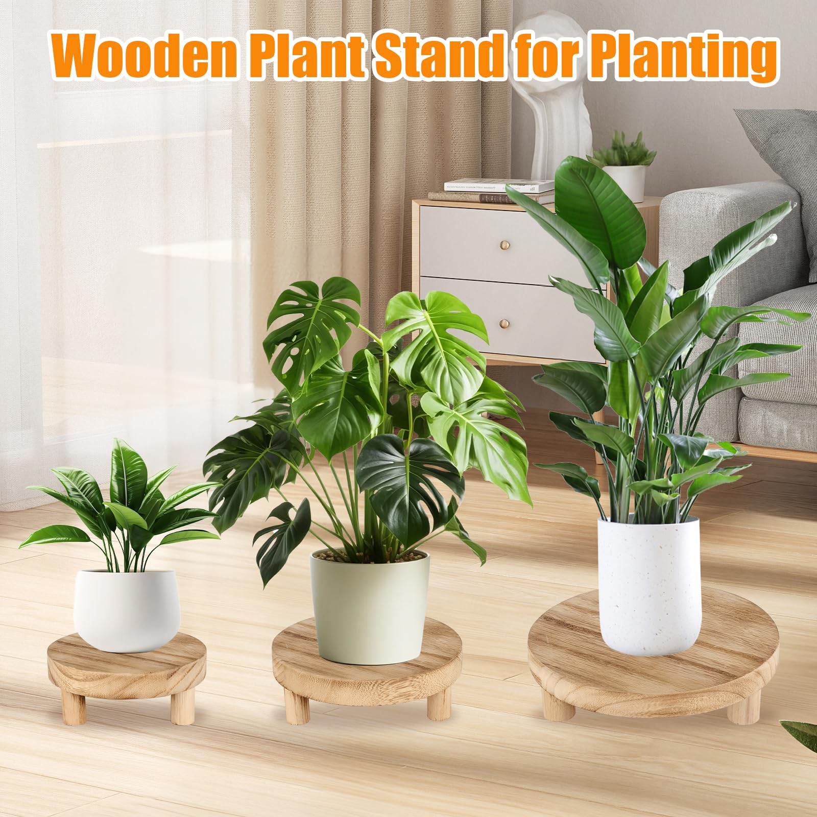 Taburete para Plantas, 3 Piezas Soporte Elevador de Plantas de Madera con Tres Diámetros Diferentes (15 cm, 20 cm, 25 cm) Taburete para Flores con Patas Extraíbles para Patio Jardín Sala de Estar