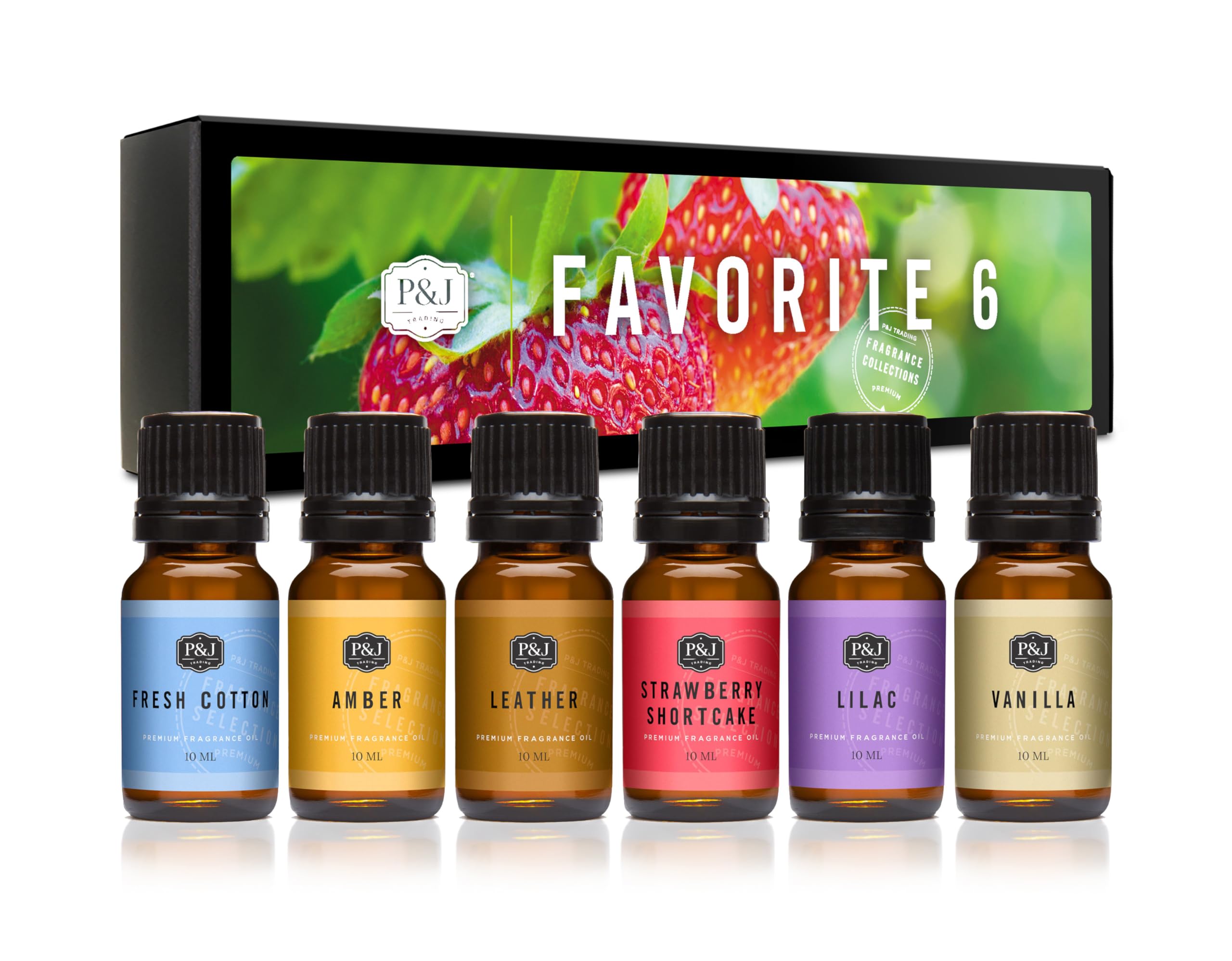 P&J Fragrance Oil Favorites Set | Fresh Cotton, Amber, Leather, Strawberry Shortcake, Lilac, Vanilla for Candle Making, Soap Making Supplies, Diffuser Oils Scents