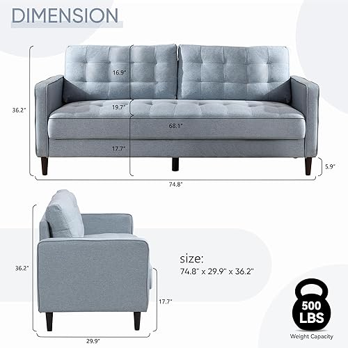 Miniatura 2 de Sofá moderno de mediados de siglo, tela de lino con botones de 74.8 pulgadas, tapizado, cómodo sofá de 3 plazas profundas, sofá biplaza para sala de