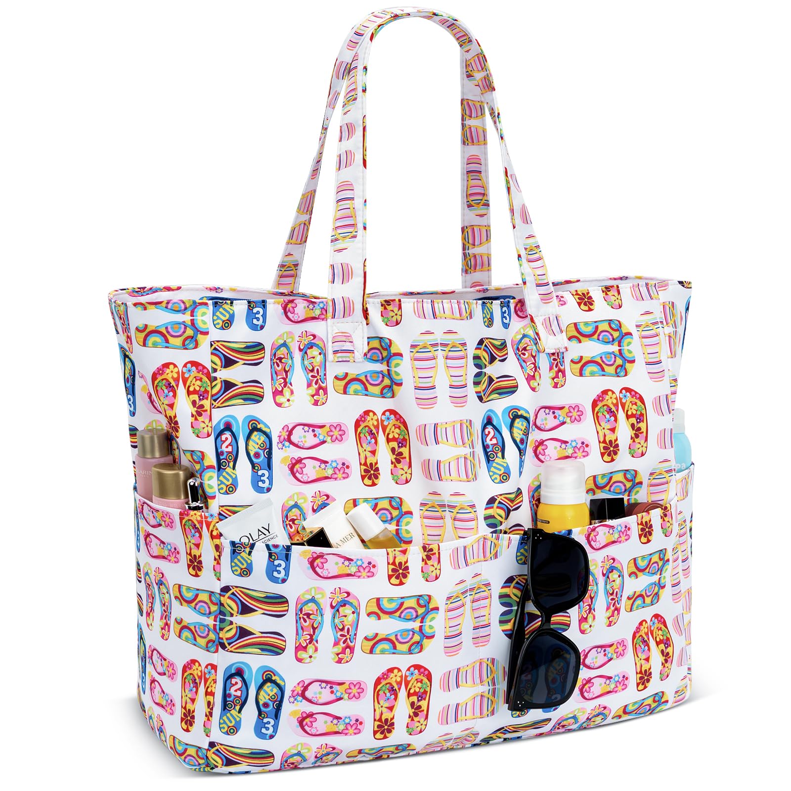 Iioscre Beach Bag for Women Large Beach Tote Bag with Zipper Pockets Waterproof Sandproof Swim Bag Pool Vacation