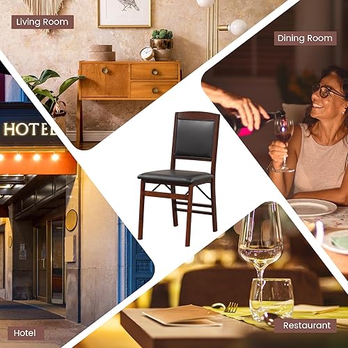 Miniatura 8 de GOFLAME Juego de 2 sillas plegables de comedor, sillas plegables con asiento acolchado de PVC y respaldo alto, sillas laterales de madera, paquete